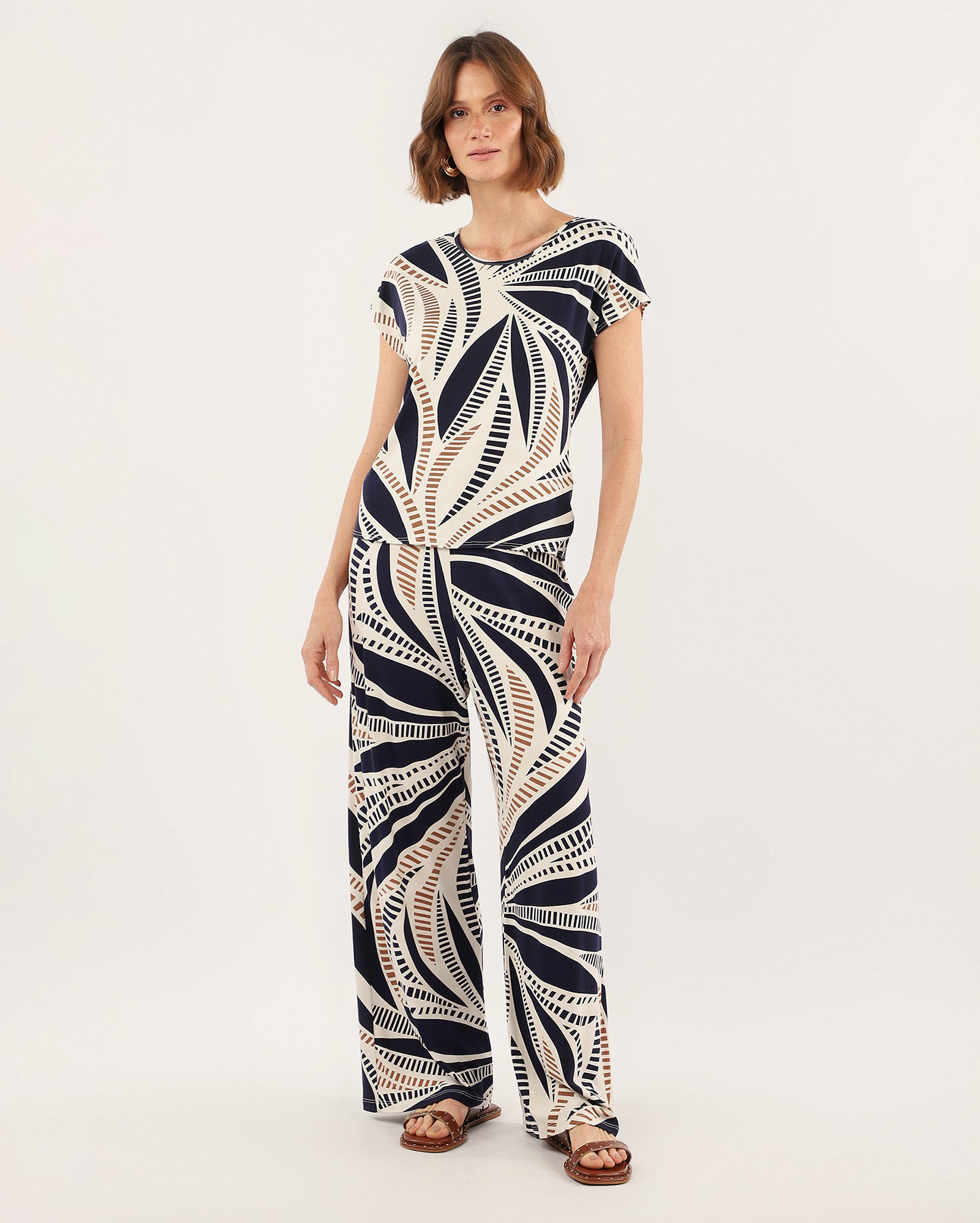 Calça feminina pantalona estampa abstrata - azul