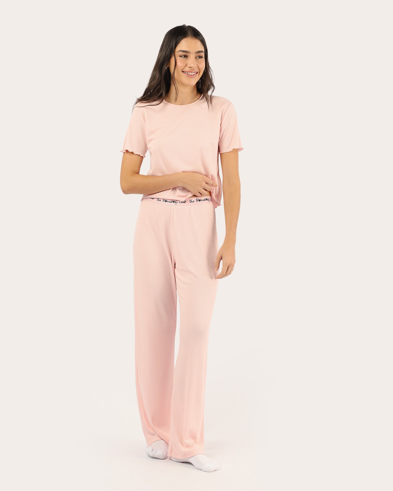 Pijama feminino longo canelado ripple - rosa