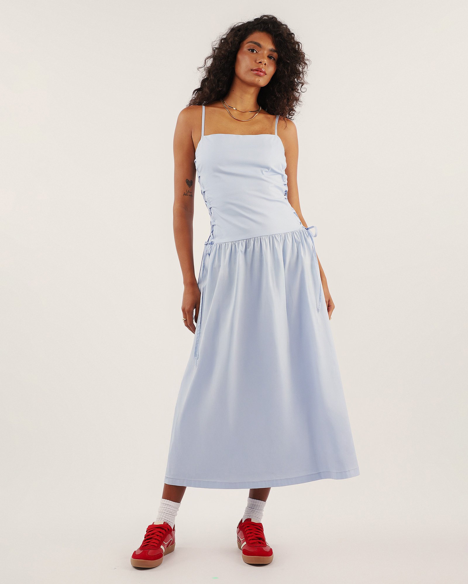 Vestido midi godê com laço amarelo - Azul Claro | Pool