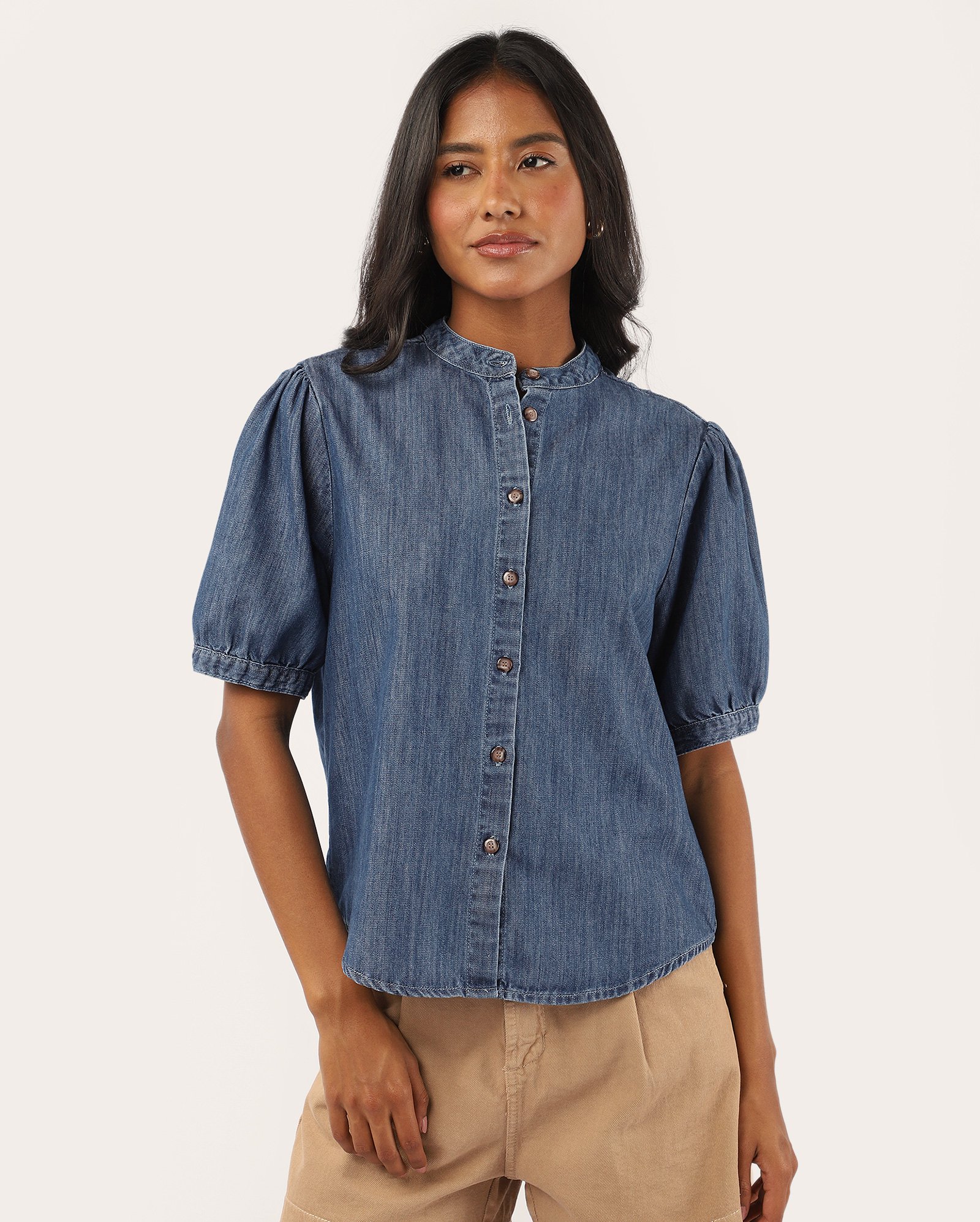 Camisa jeans feminina manga bufante denim escuro | Pool Jeans Jeans Escuro | Riachuelo