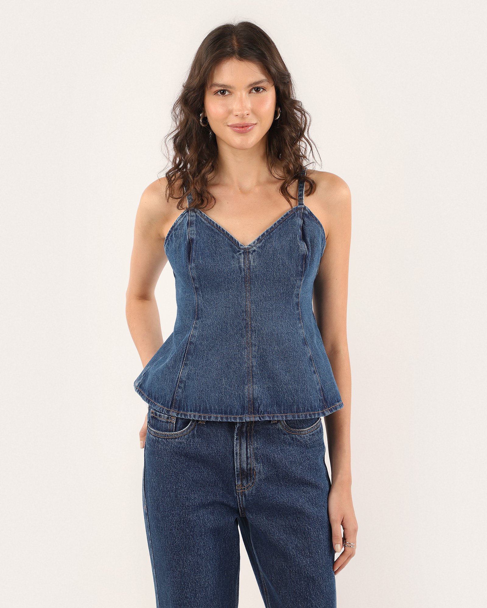 Regata jeans feminina decote v - denim escuro | Pool Jeans