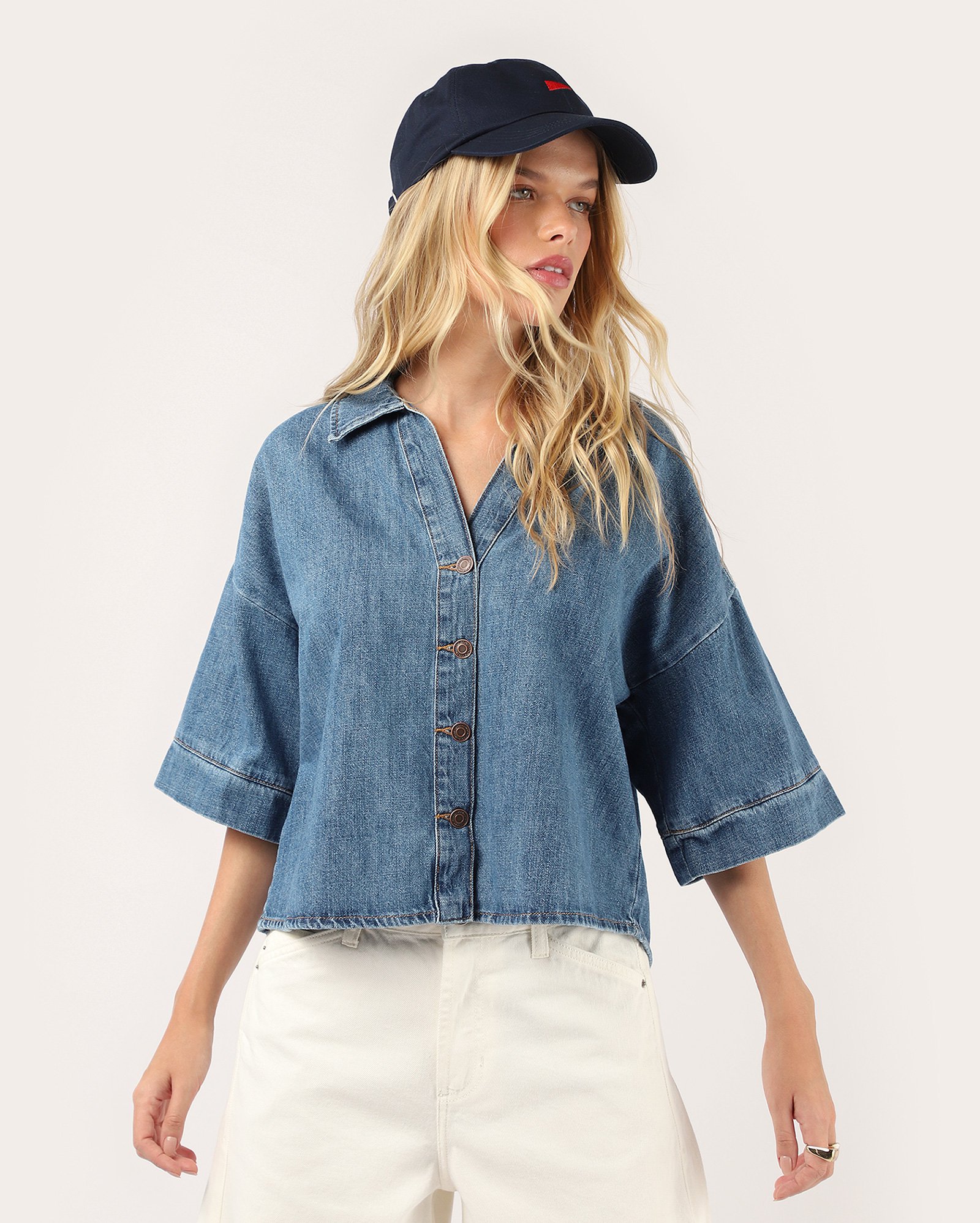 Camisa jeans cropped ampla - denim médio | Pool Jeans