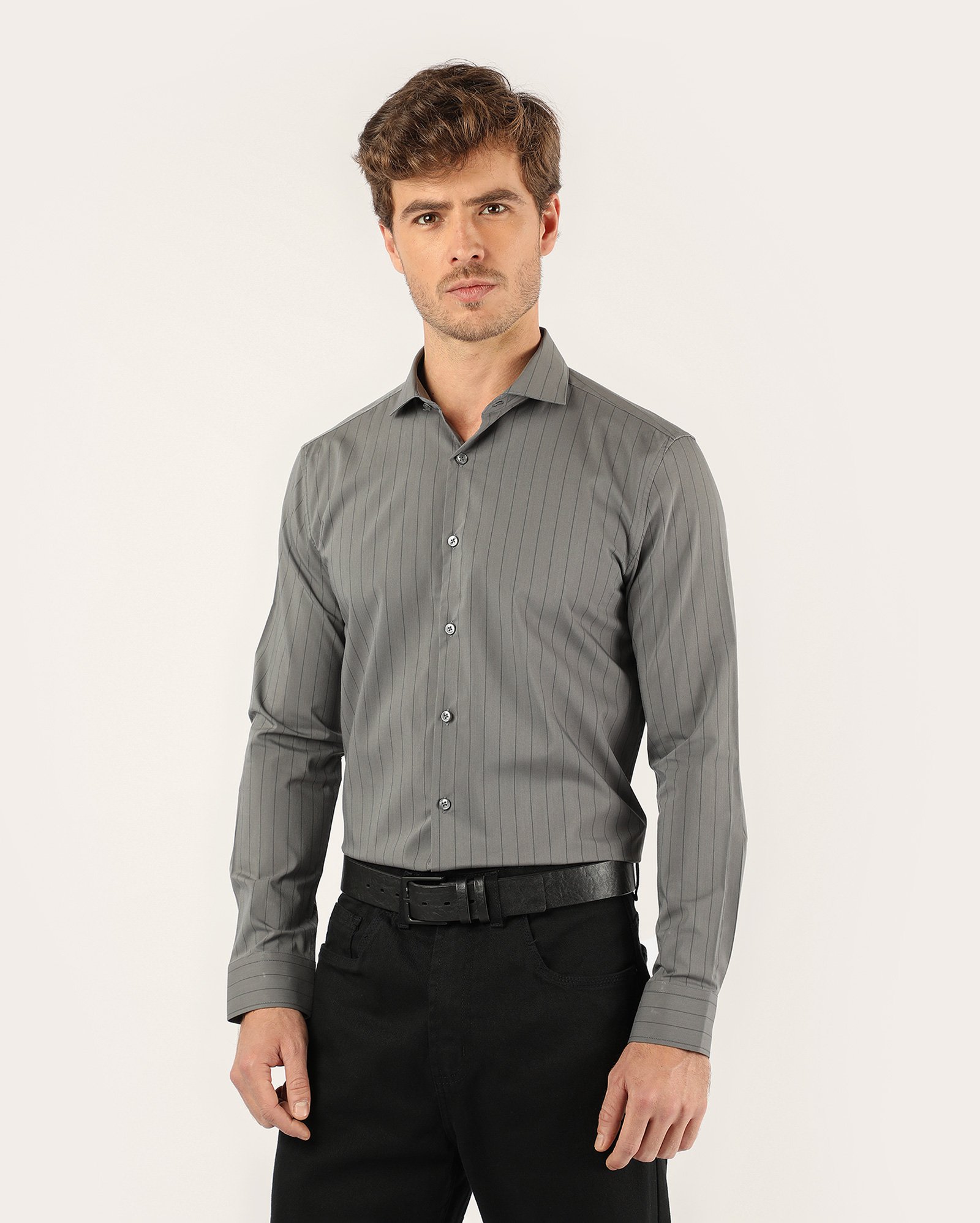 Camisa social masculina fibra de bambu listrada - Cinza