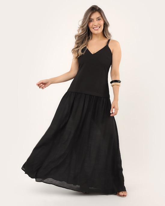 Vestido longo godê de Viscose decote em V