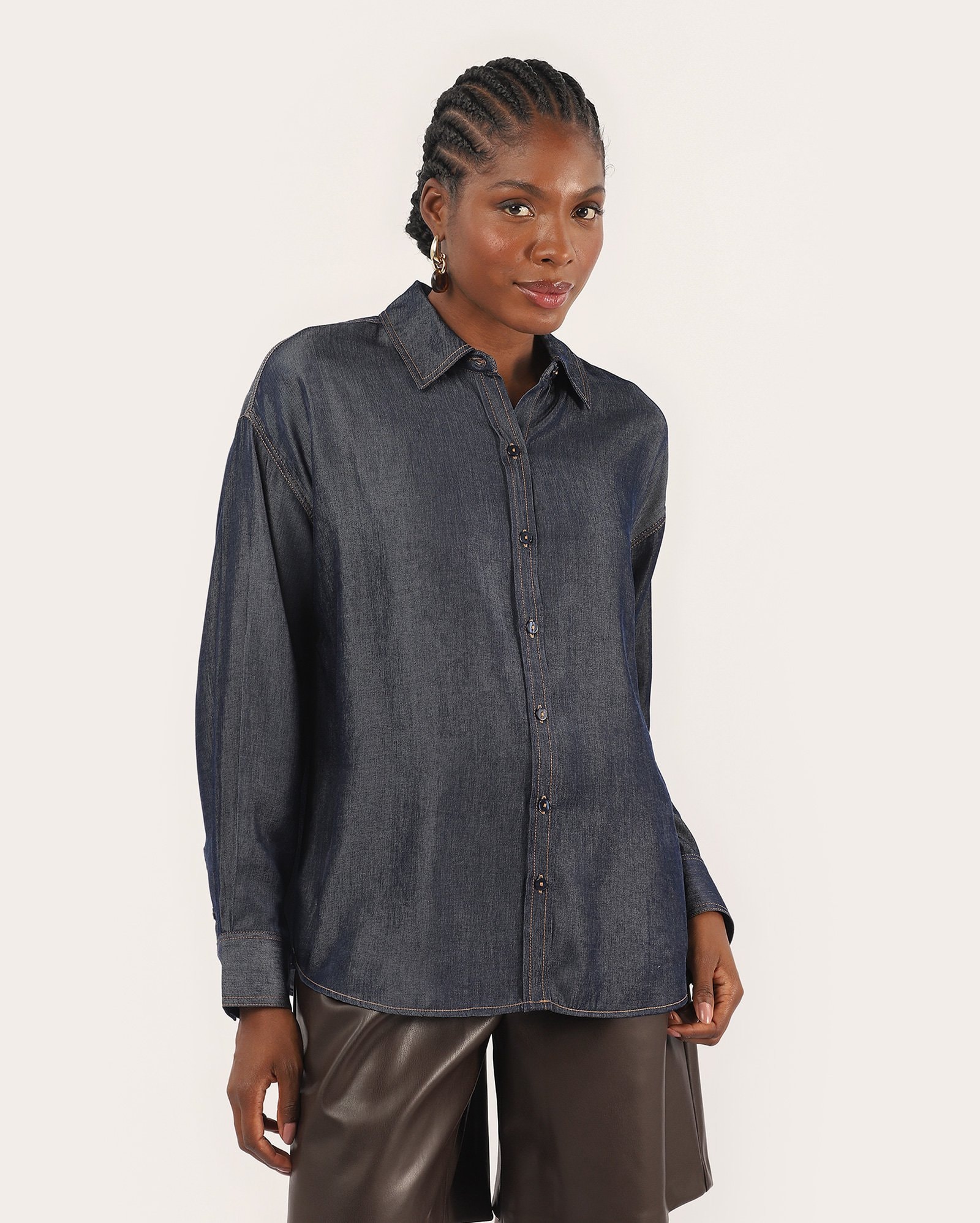 Camisa jeans feminina - denim escuro | Pool Jeans