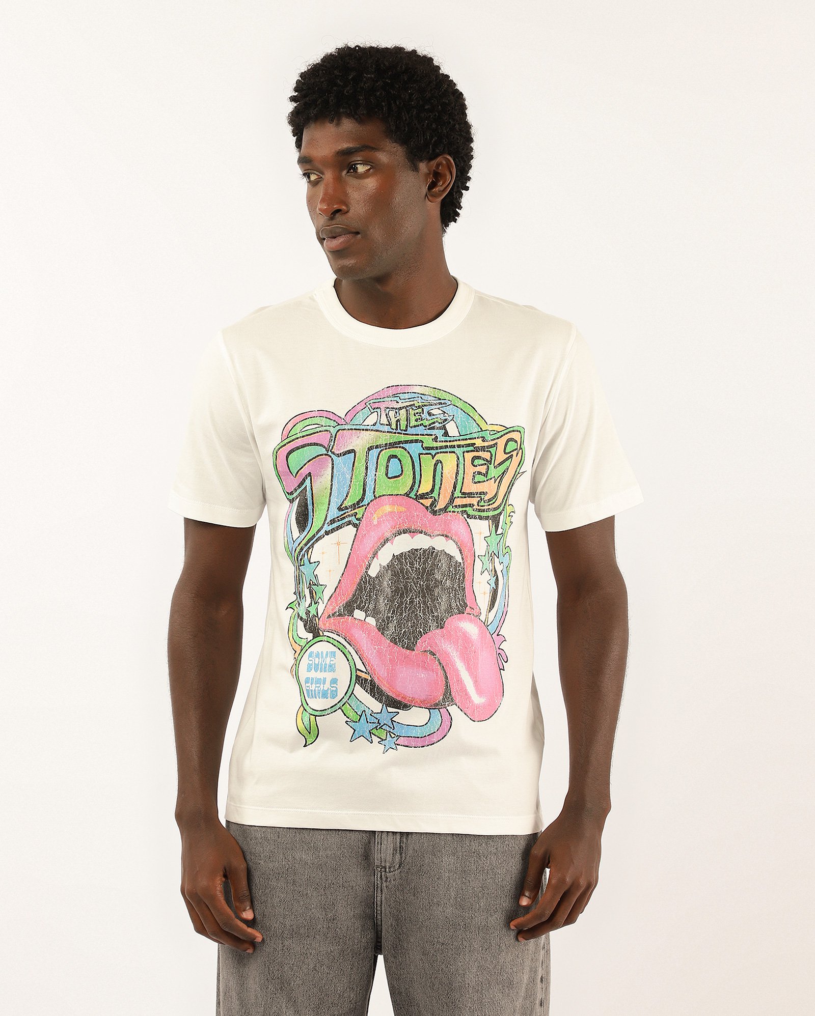 Camiseta masculina regular estonada branca | The Rolling Stones