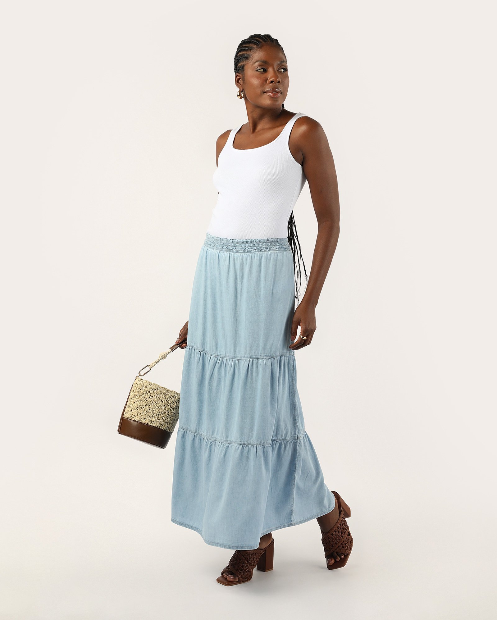 Saia jeans midi 3 marias - denim claro | Pool Jeans