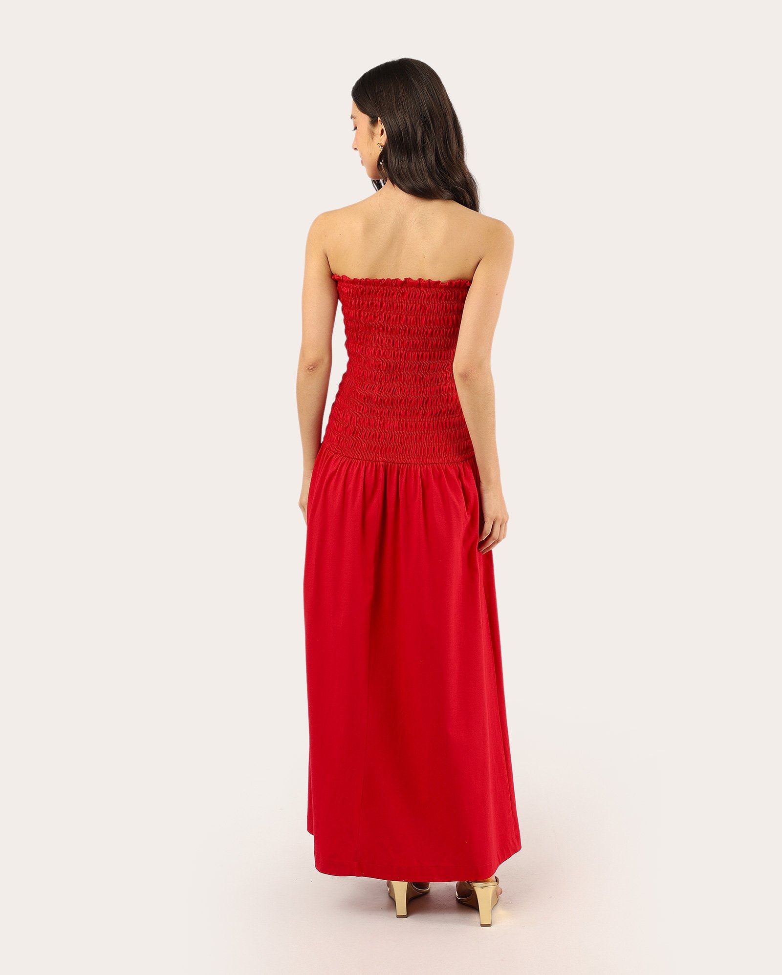 Vestido longo evasê cintura baixa com lastex - vermelho — foto 4