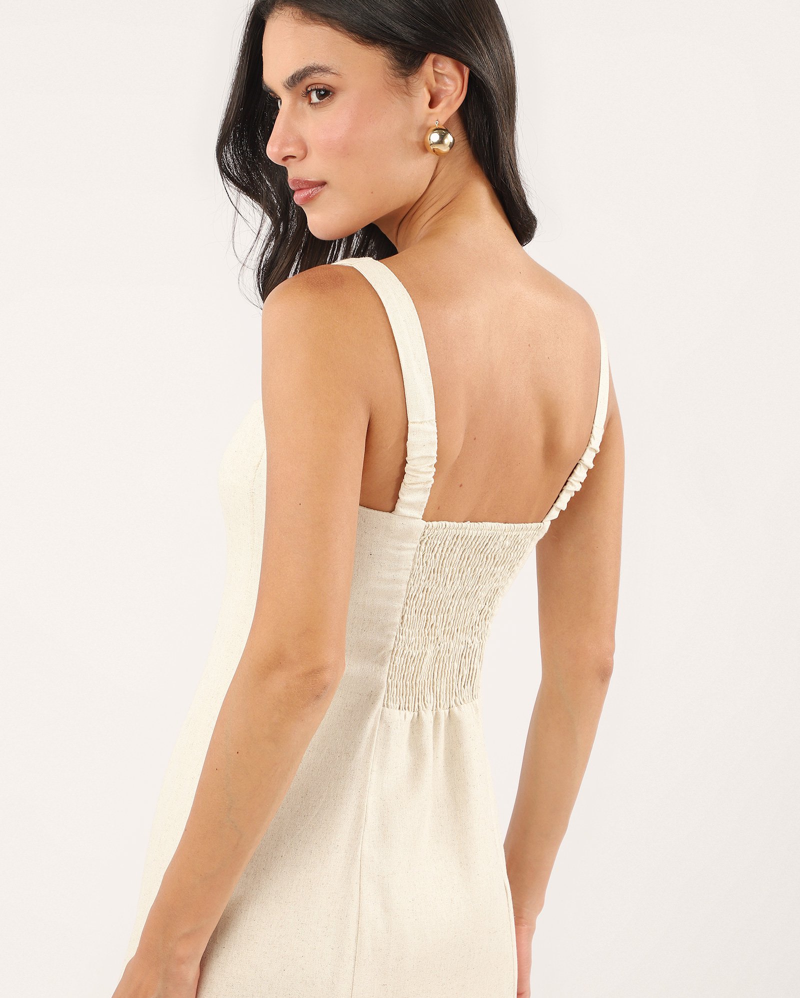 Vestido midi evasê em viscolinho com lastex - bege
