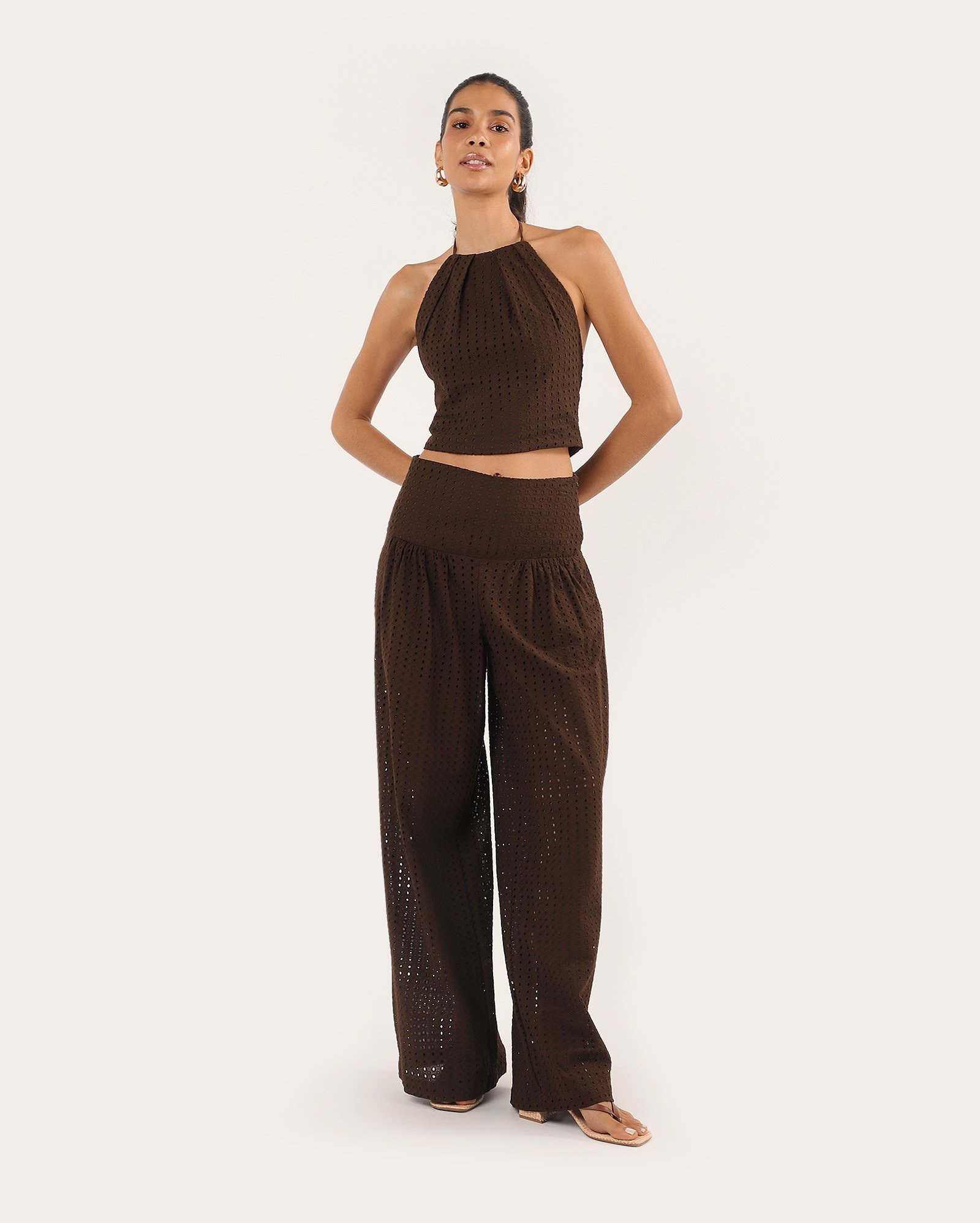 Calça feminina pantalona em laise pala alta - marrom