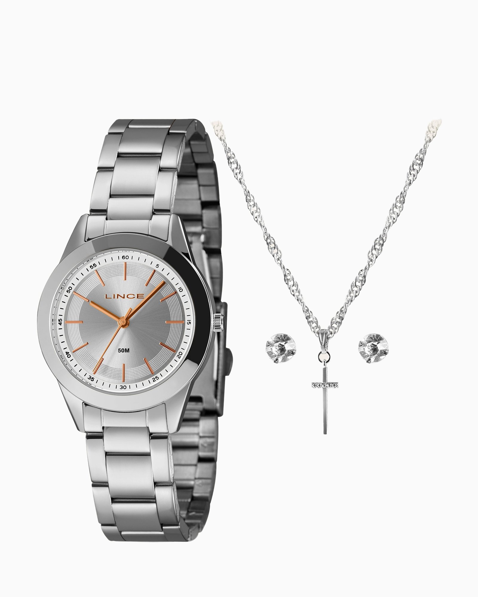Kit relógio analógico feminino LRM4745L34 K02XS1 + conjunto prata | Lince