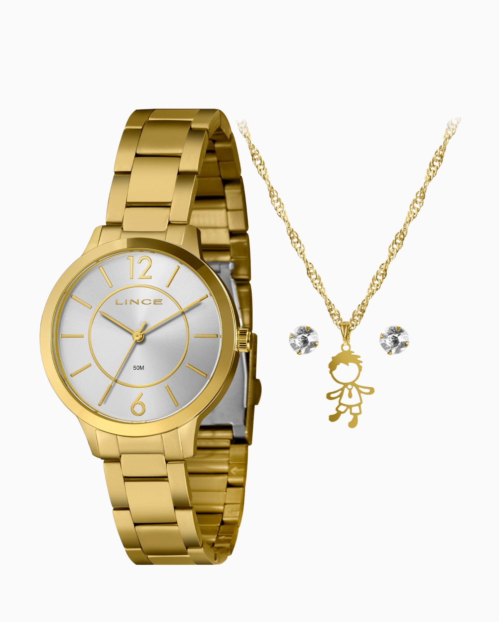 Kit relógio analógico feminino LRG4748L38 K02JS2 + conjunto dourado | Lince