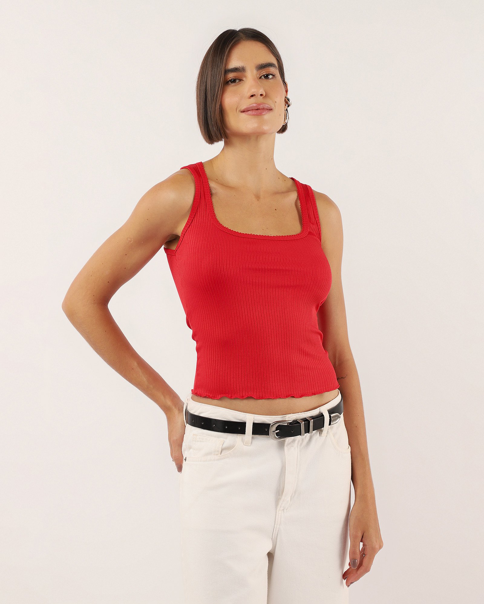 Regata feminina ajustada Mavie ripple canelada - Vermelho