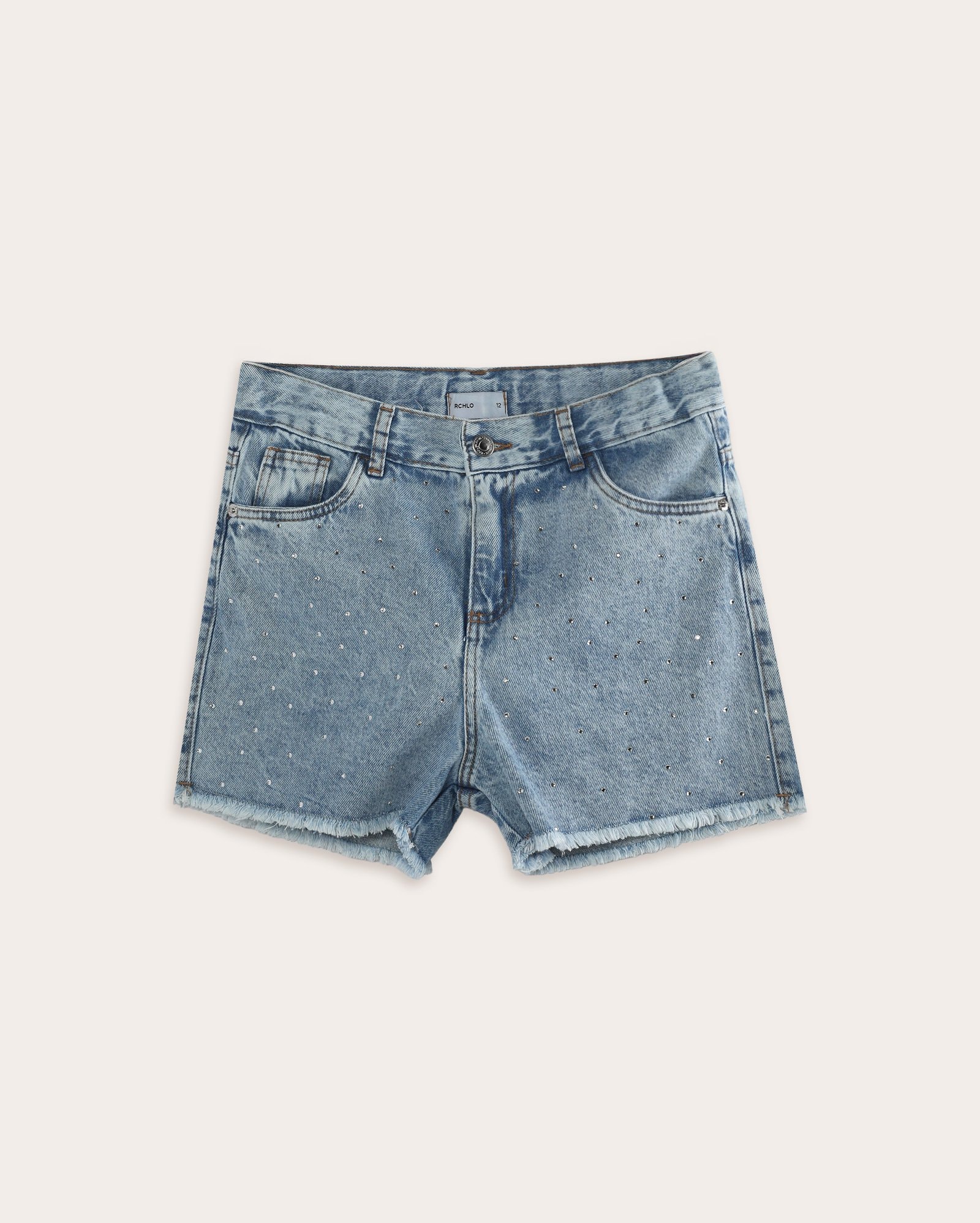 Short jeans juvenil mom com pedrarias e puídos - denim médio