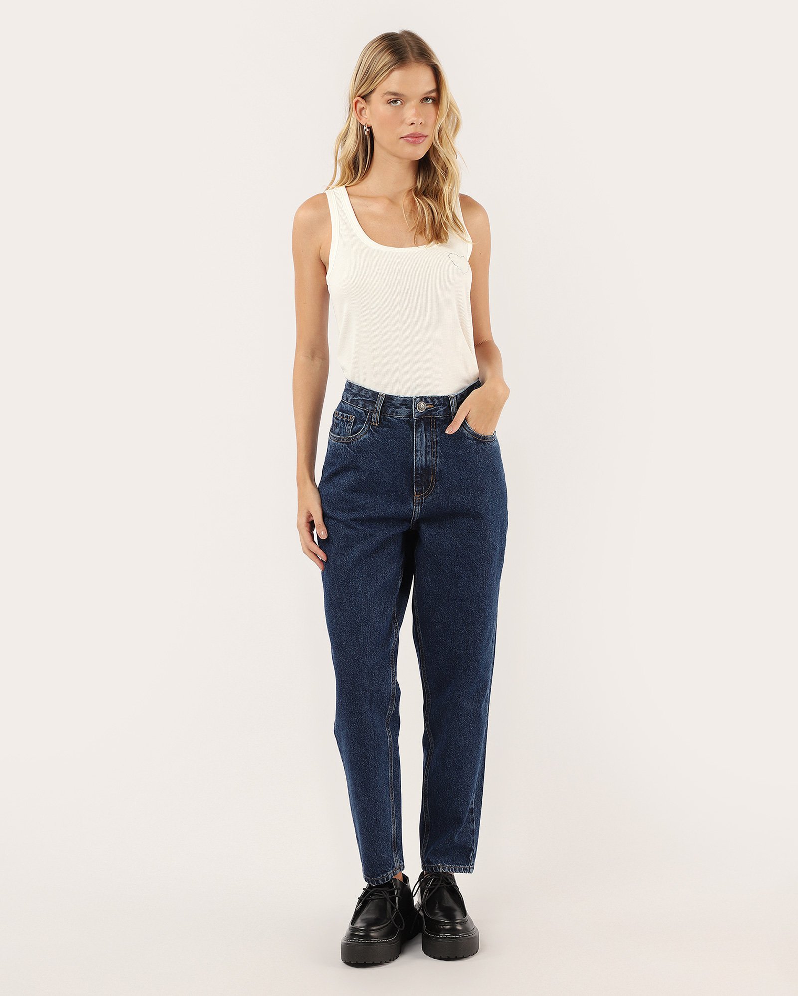 Calça jeans feminina mom cintura alta denim escuro | Pool Jeans