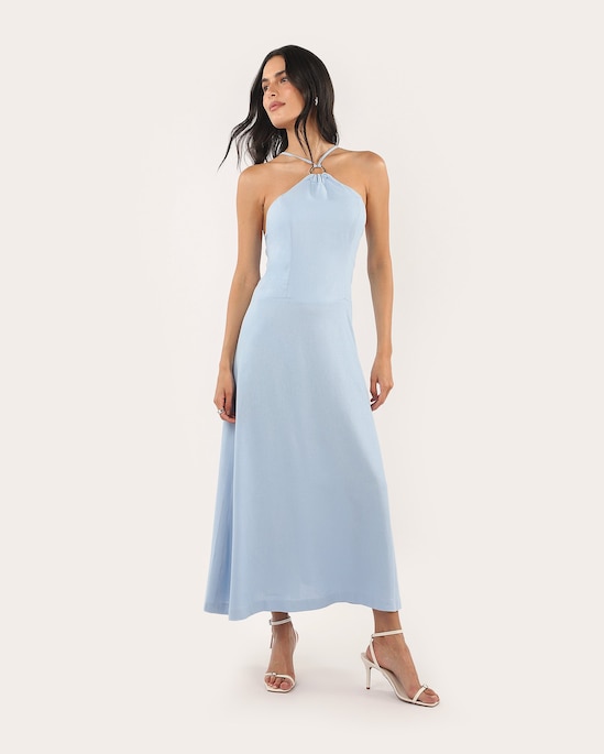 Vestido midi evasê decote trapézio com viscolinho azul