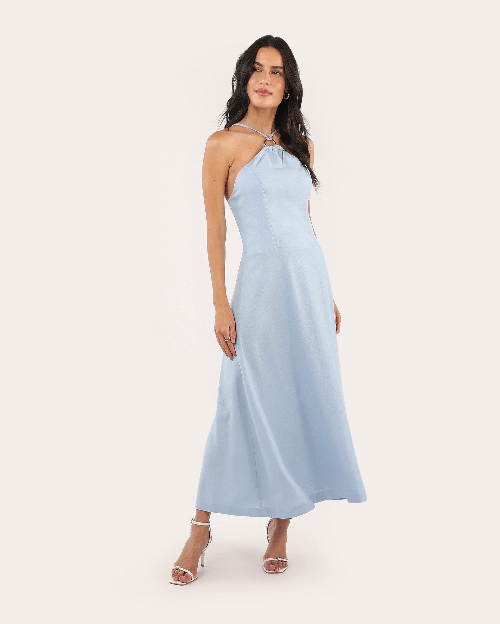 Vestido midi evasê decote trapézio com viscolinho - azul