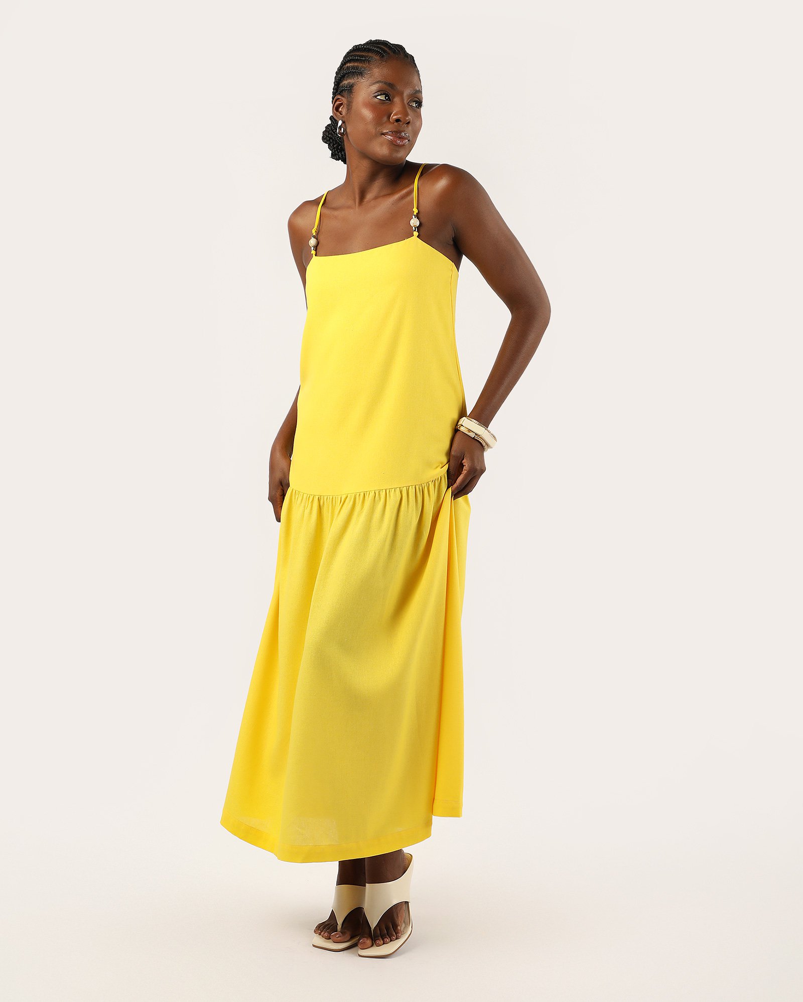 Vestido longo godê em viscolinho - amarelo
