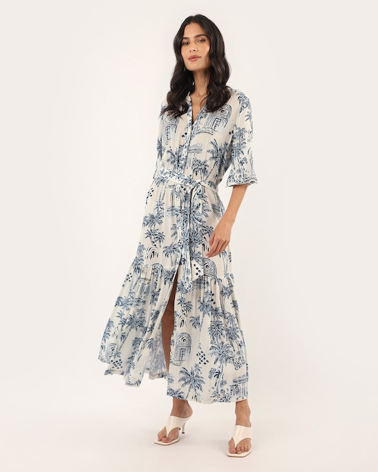 Chemise midi estampado com faixa