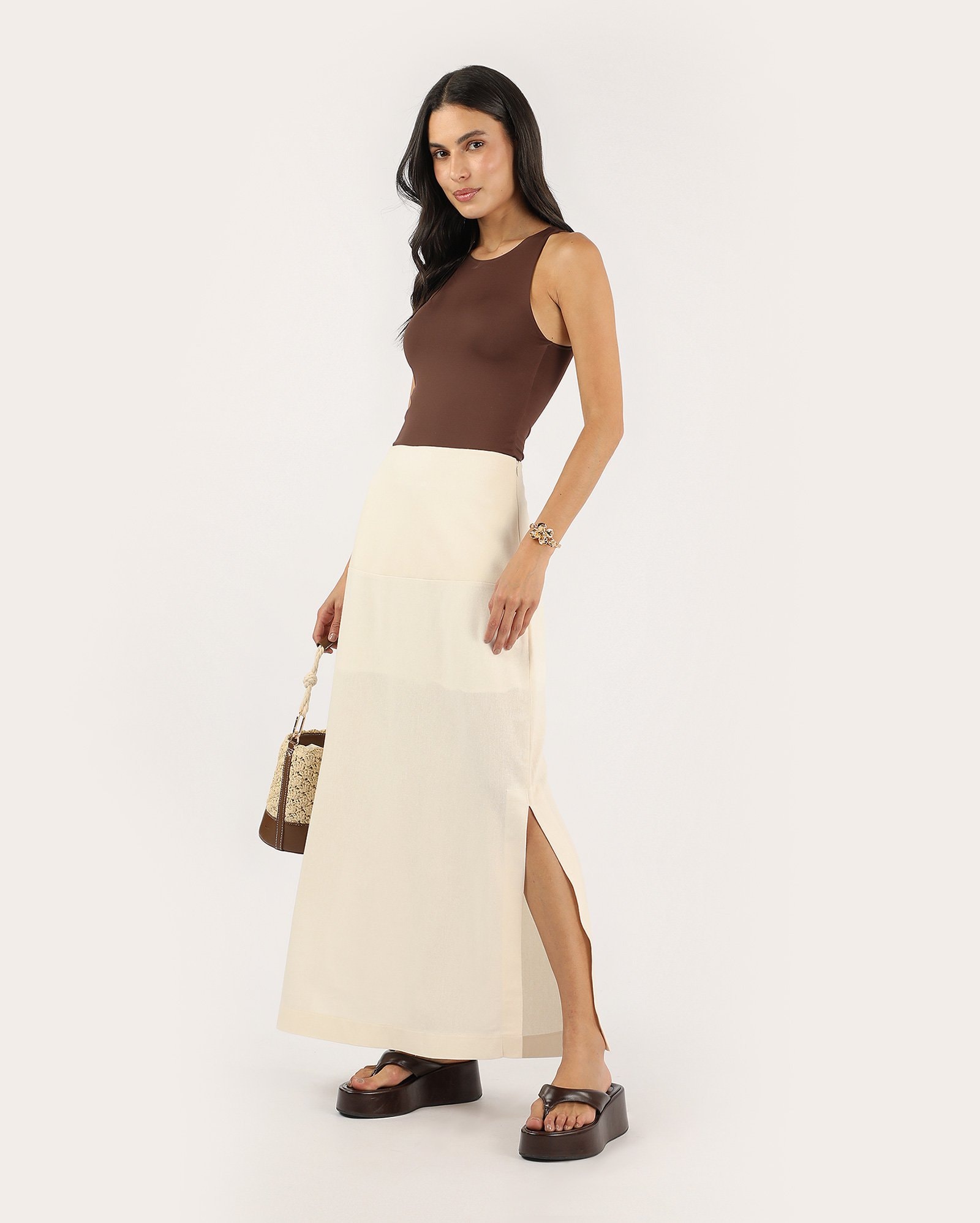 Saia longa reta em viscolinho - off-white