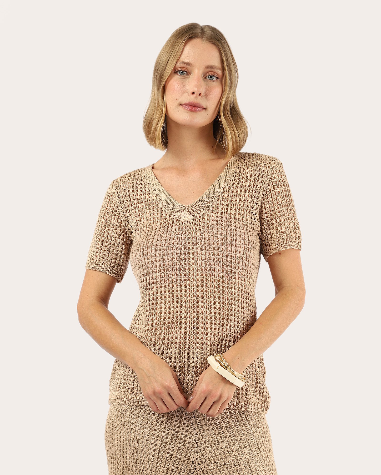 Blusa feminina decote v em tricot - bege