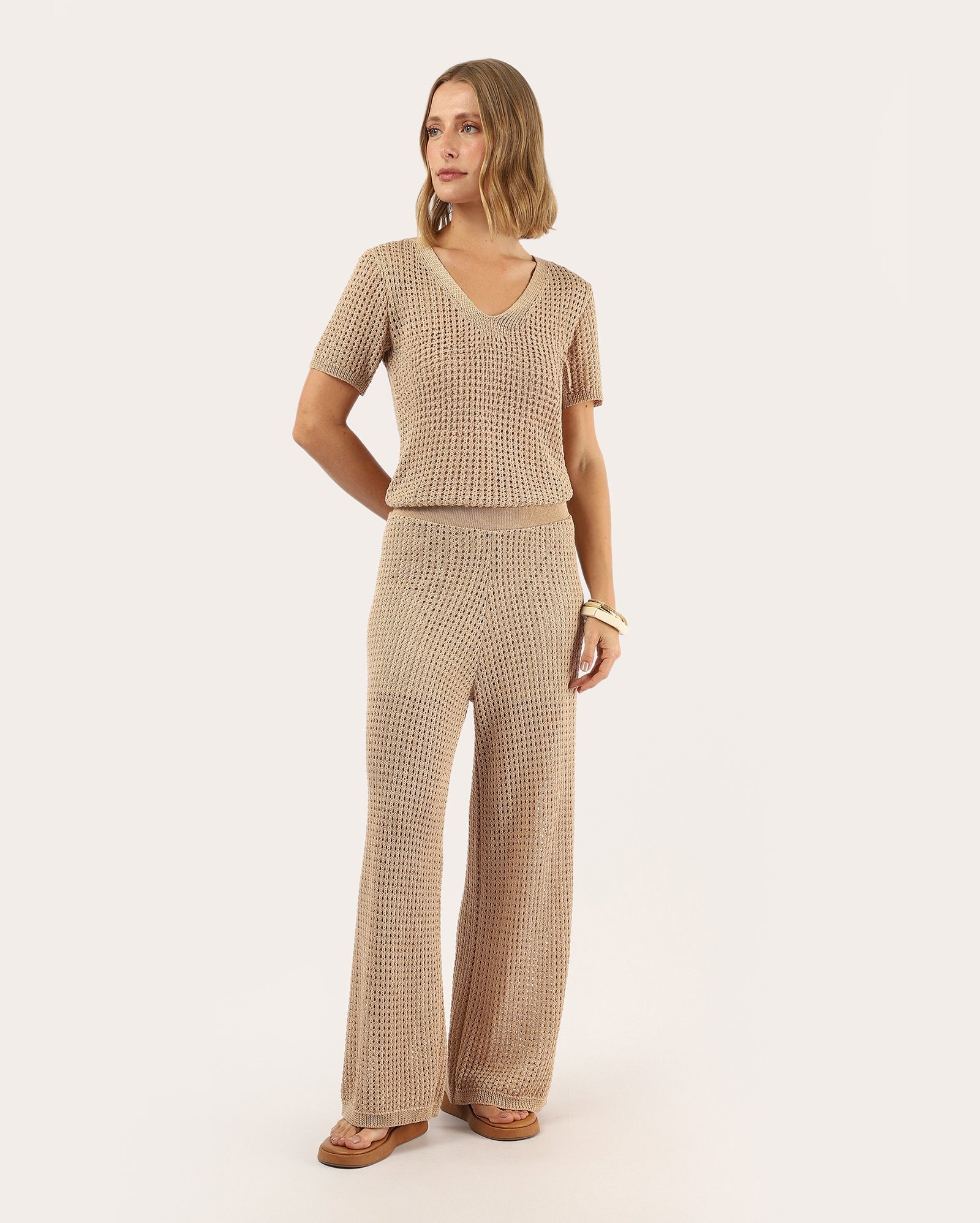 Blusa feminina decote v em tricot - bege