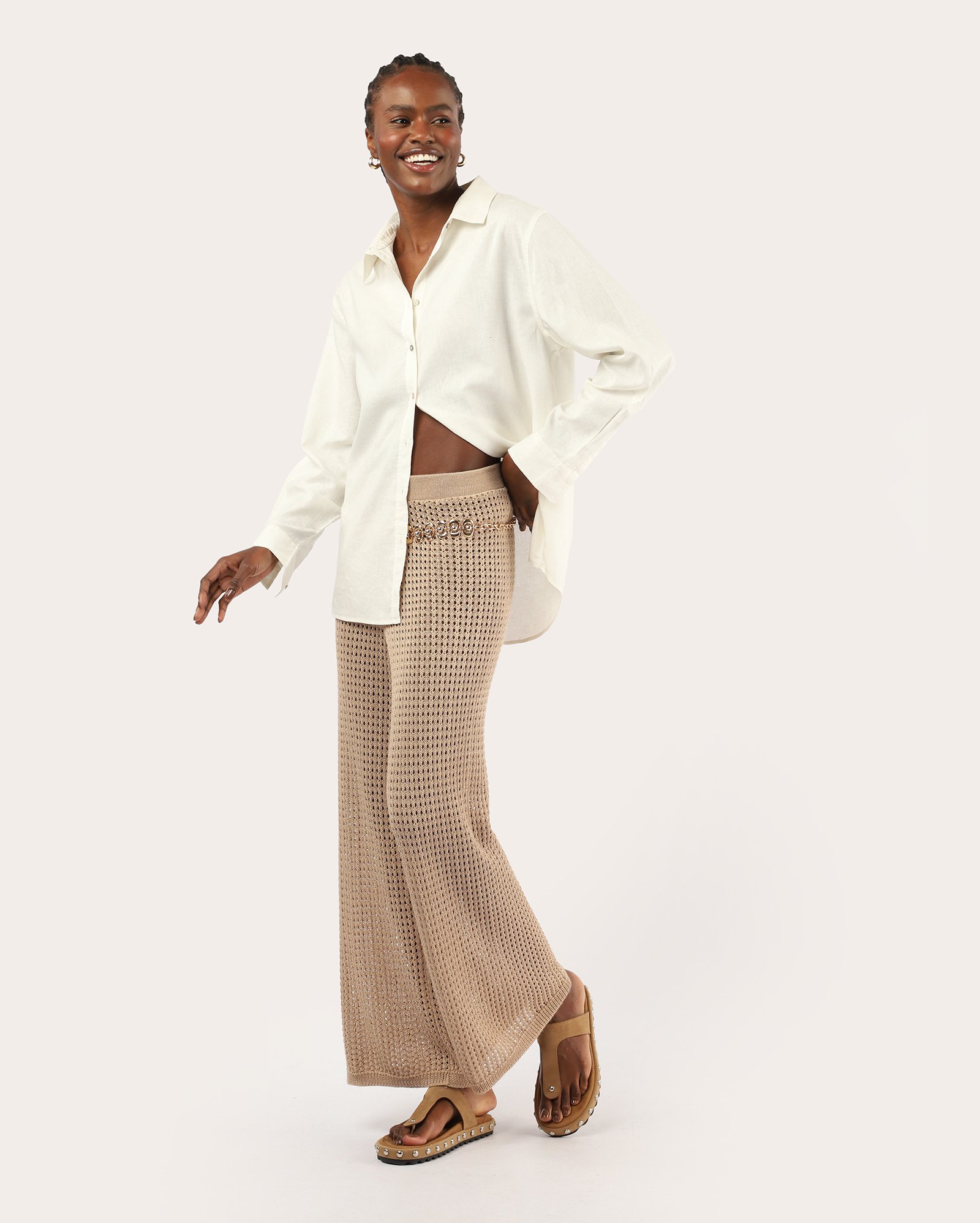 Calça feminina reta em tricot - bege — foto 2