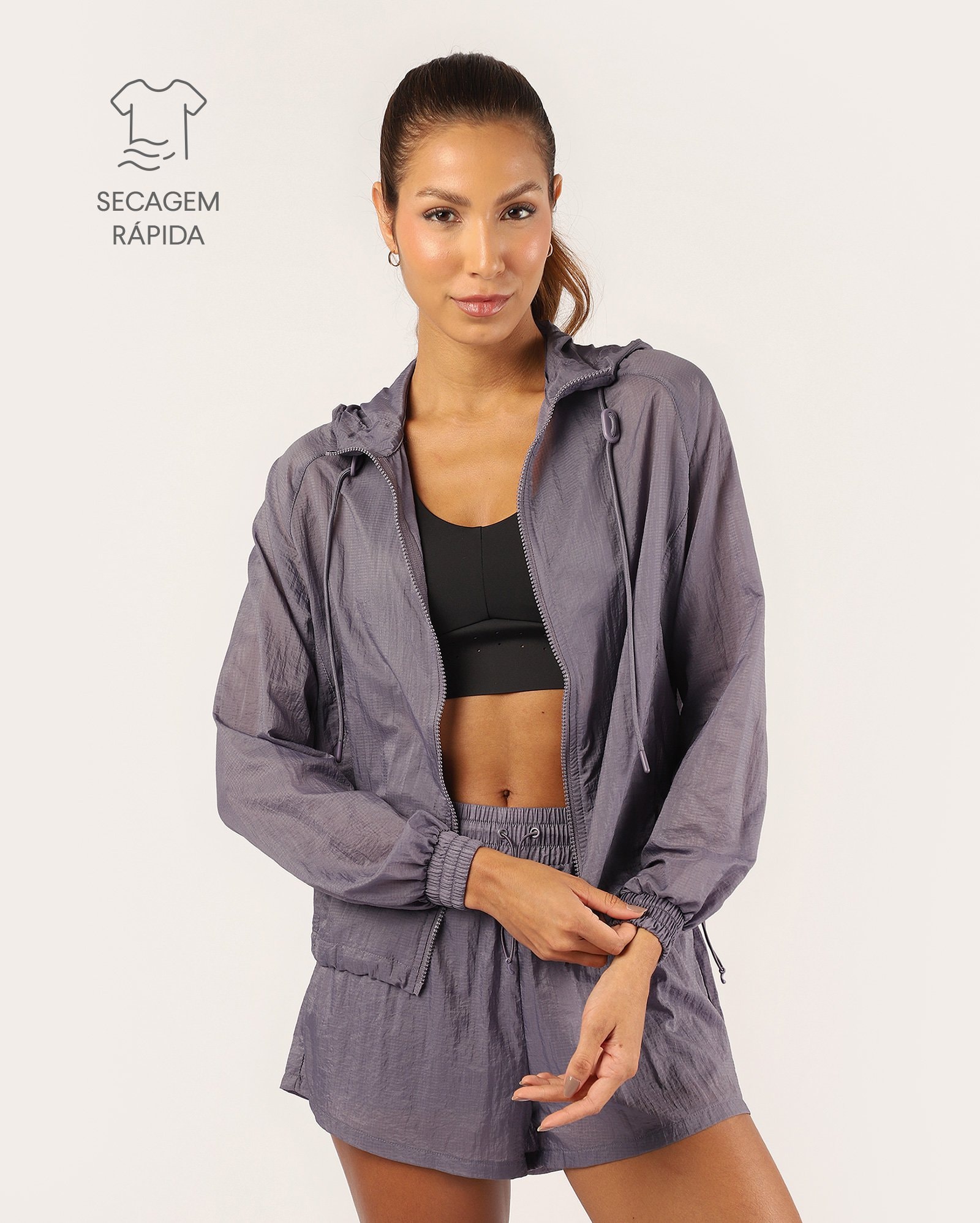 Jaqueta corta vento feminina com capuz wrinkled - Lilás Escuro | Body Work