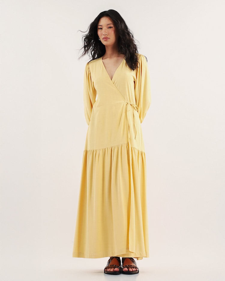 Riachuelo Vestido longo evasê transpassado manga bufante