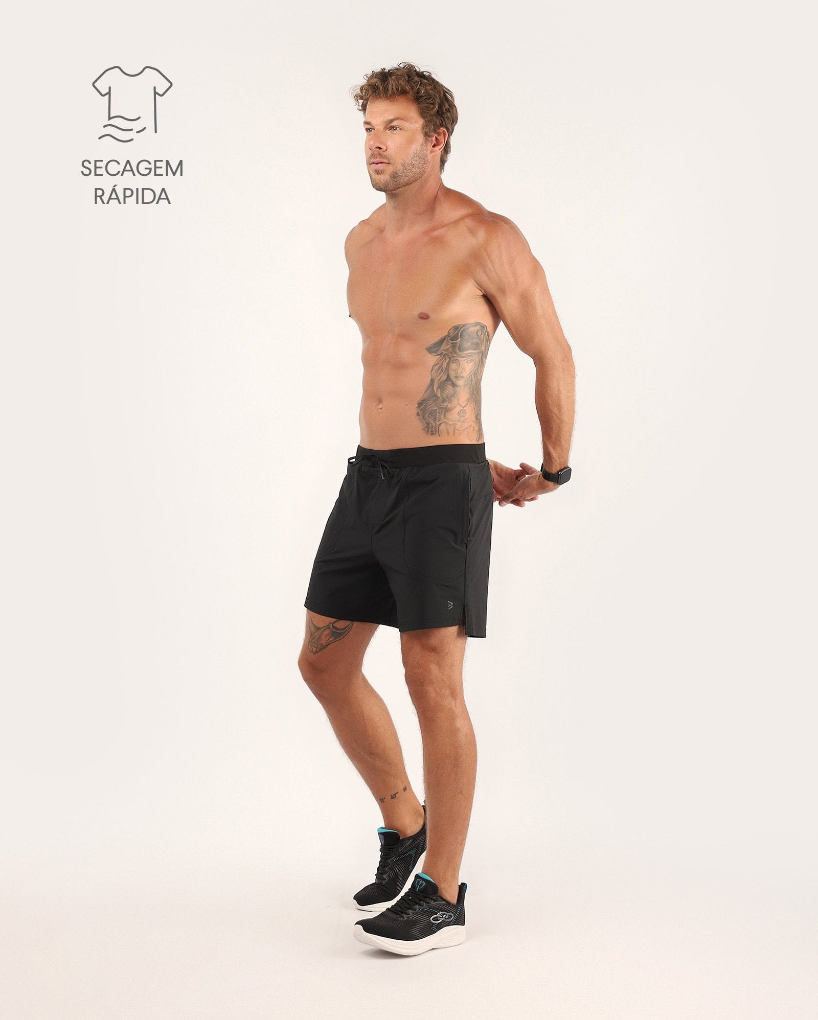 Bermuda esportiva masculina de poliamida - Preto | Body Work