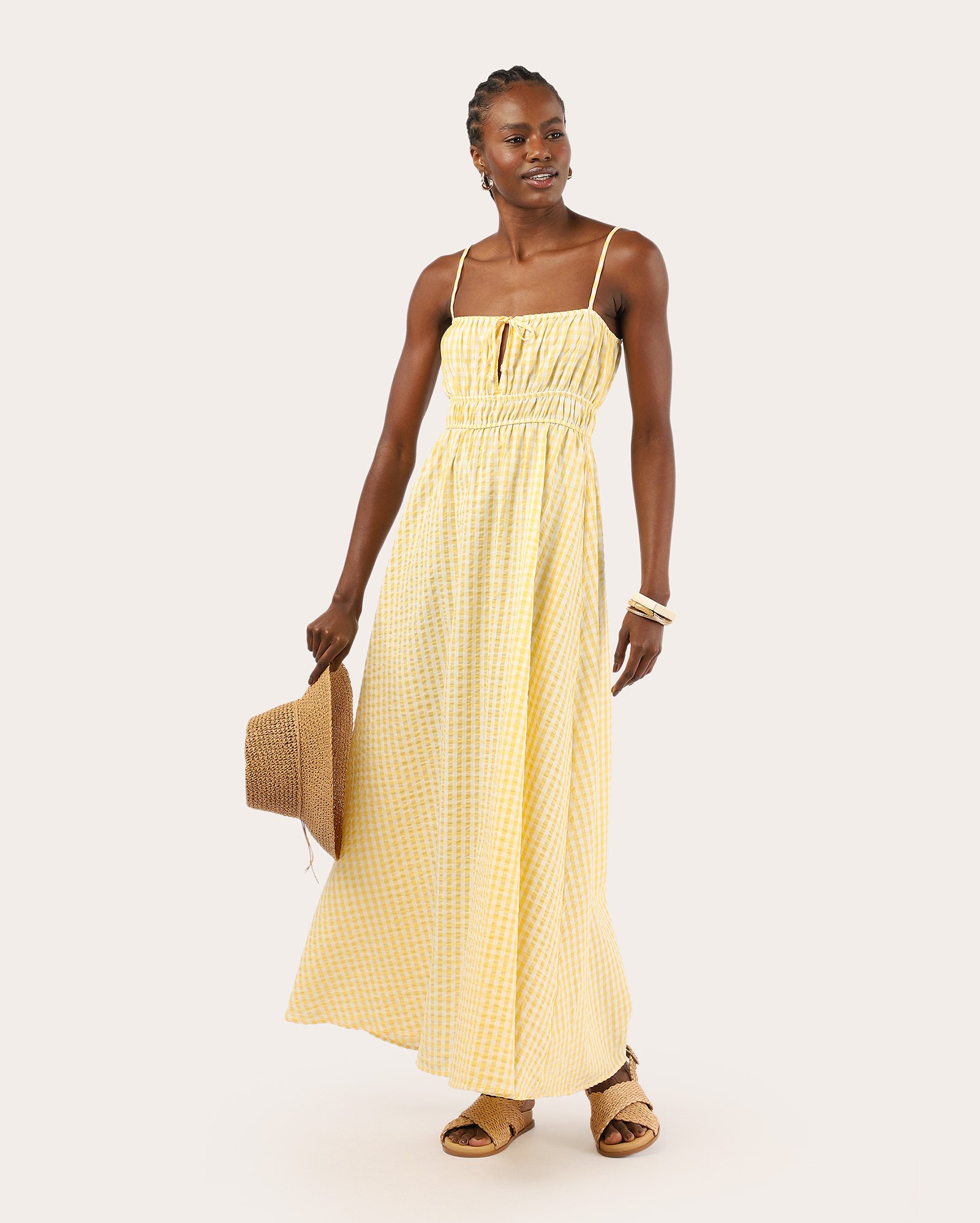 Vestido midi evasê xadrez com franzido - amarelo
