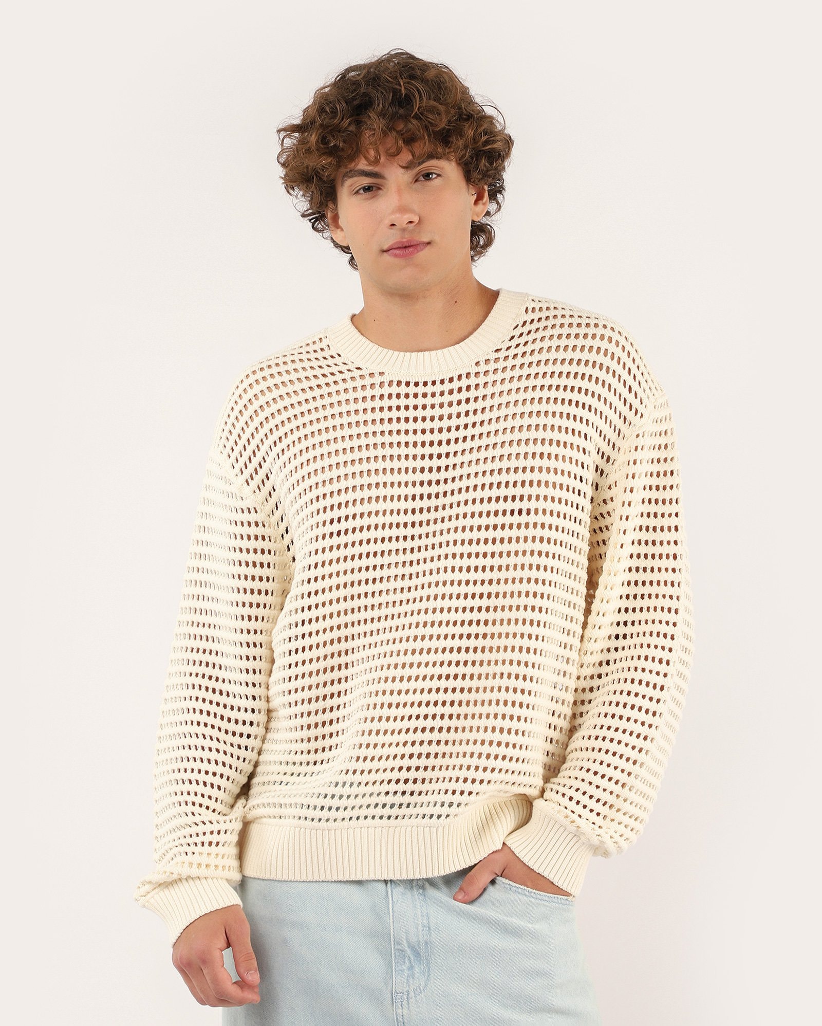 Suéter masculino regular vazado - bege