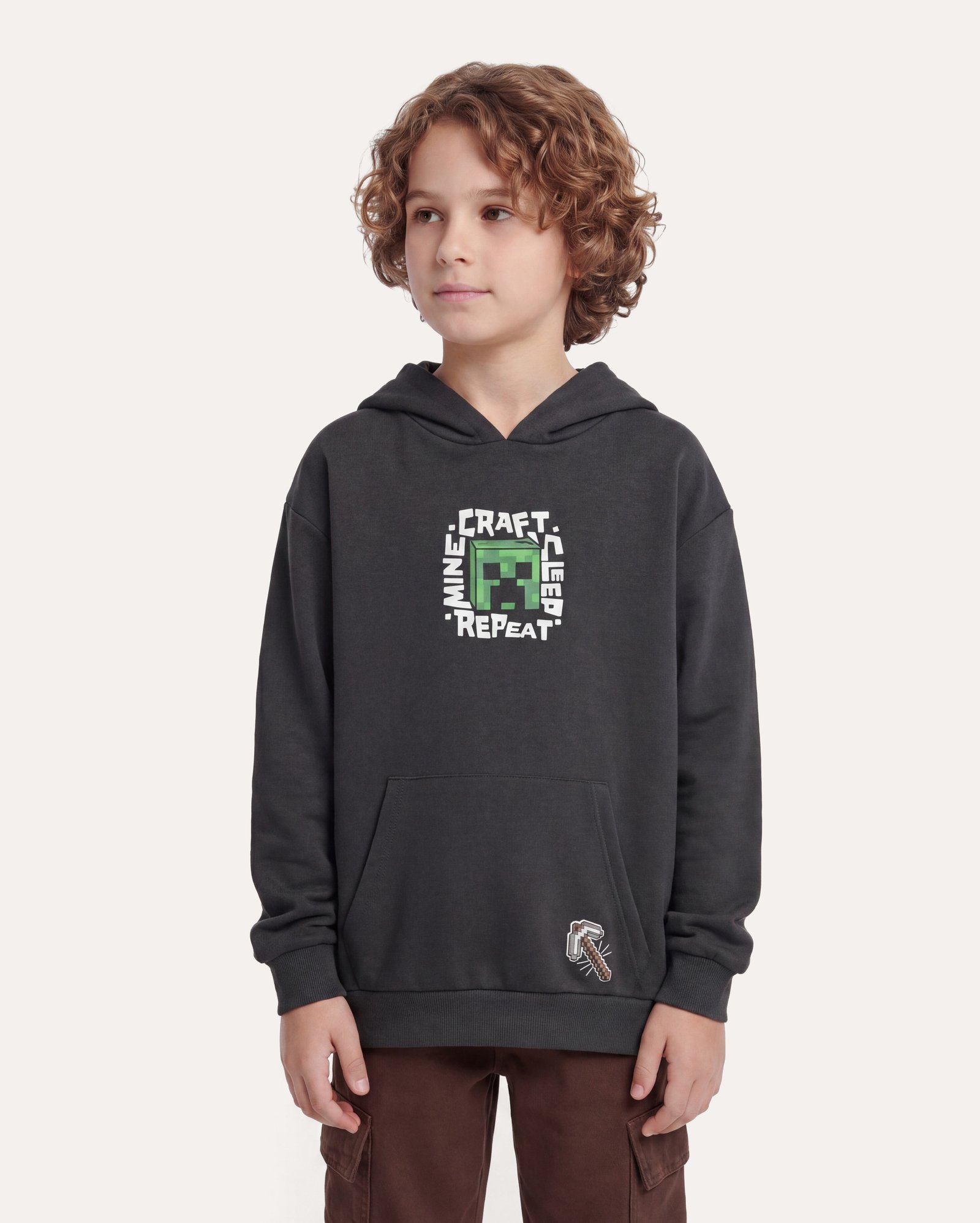 Blusa de moletom infantil com capuz sem felpa 6-14A - cinza | Minecraft