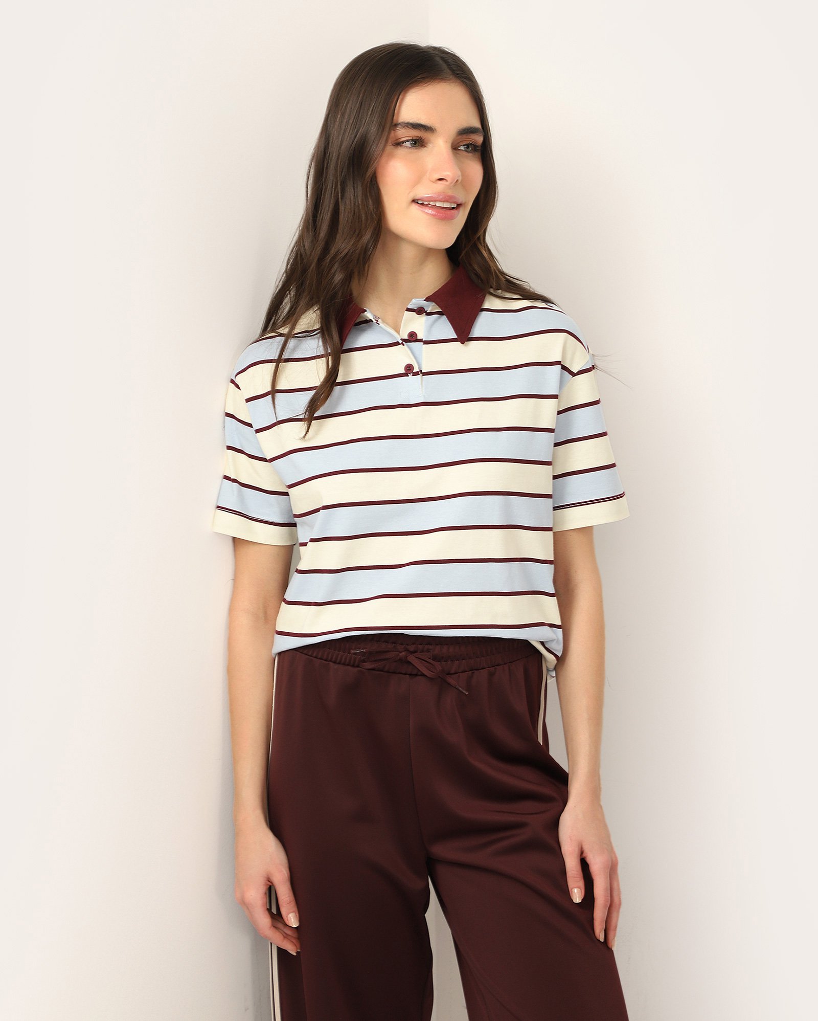 Camisa polo feminina reta listrada - multicor