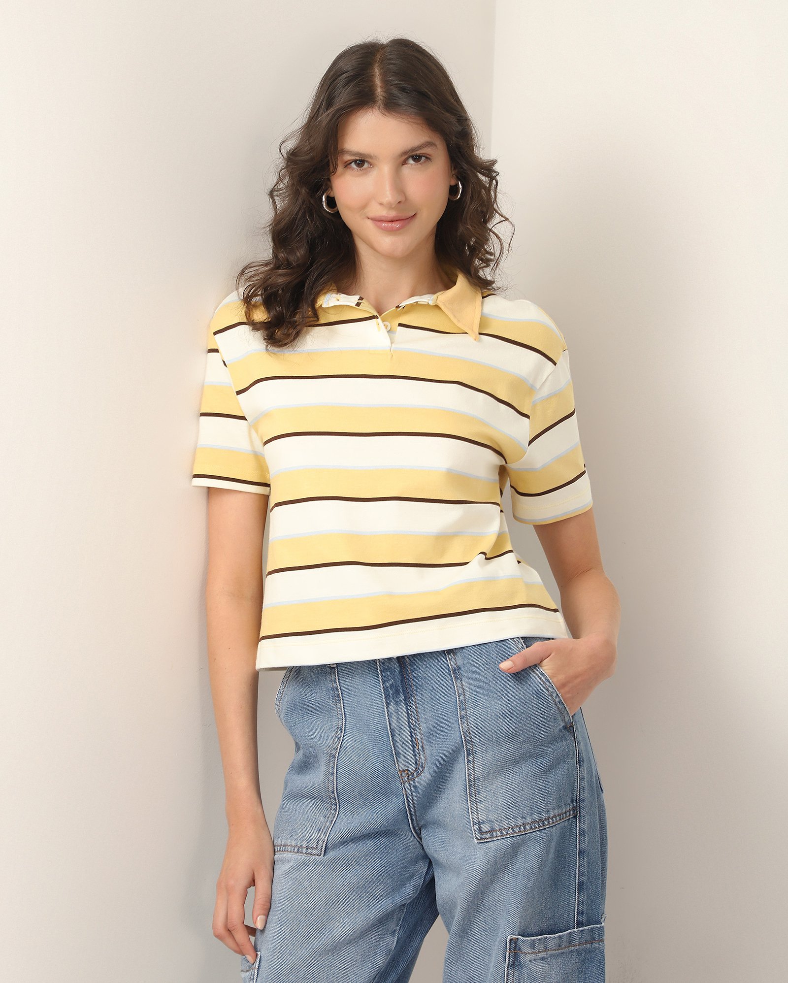 Camisa polo feminina listrada com botões - multicor
