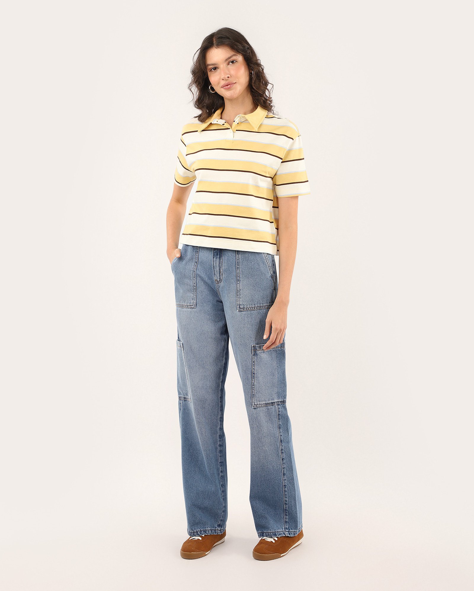 Camisa polo feminina listrada com botões - multicor