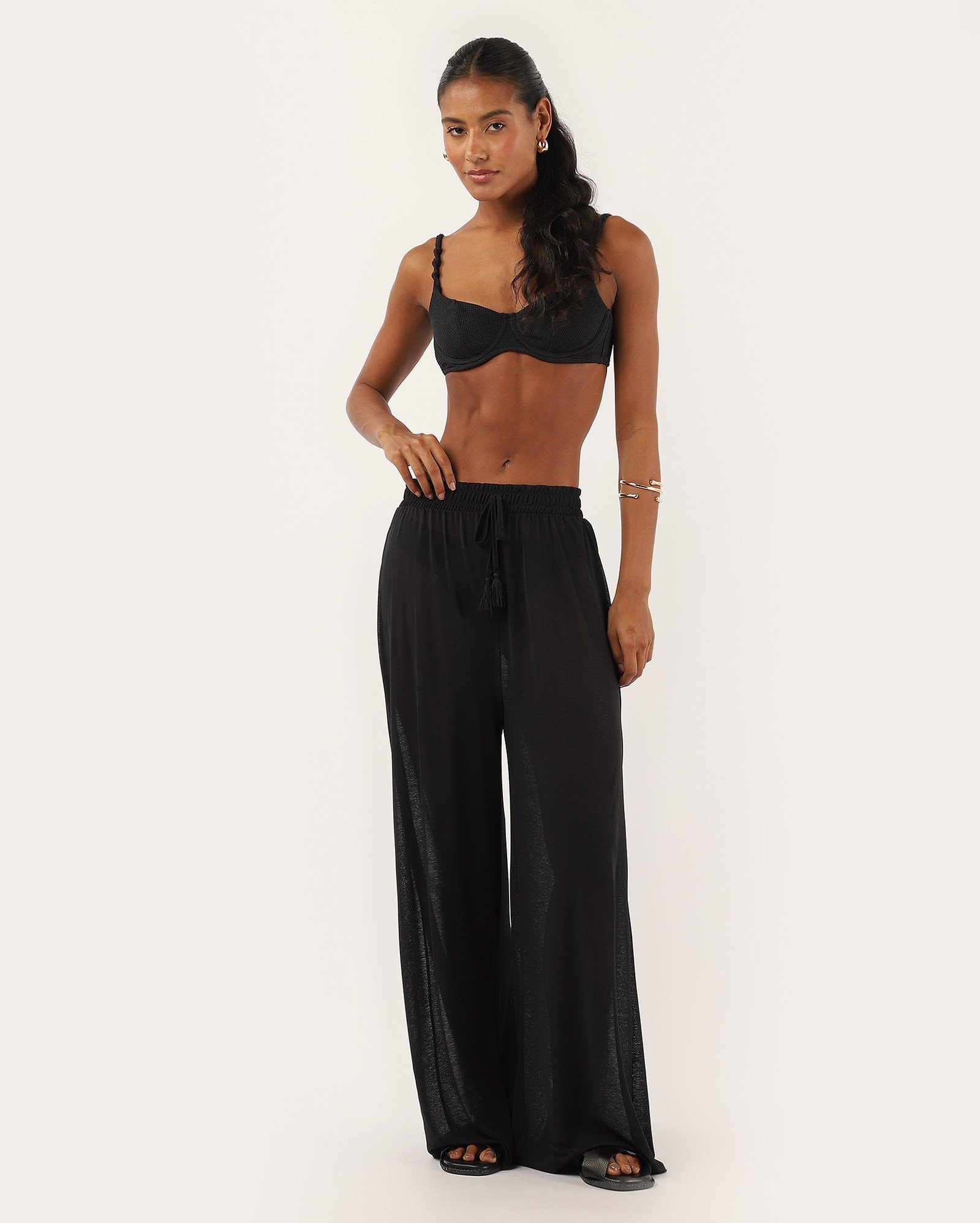 Saída de praia calça pantalona cós elástico preta