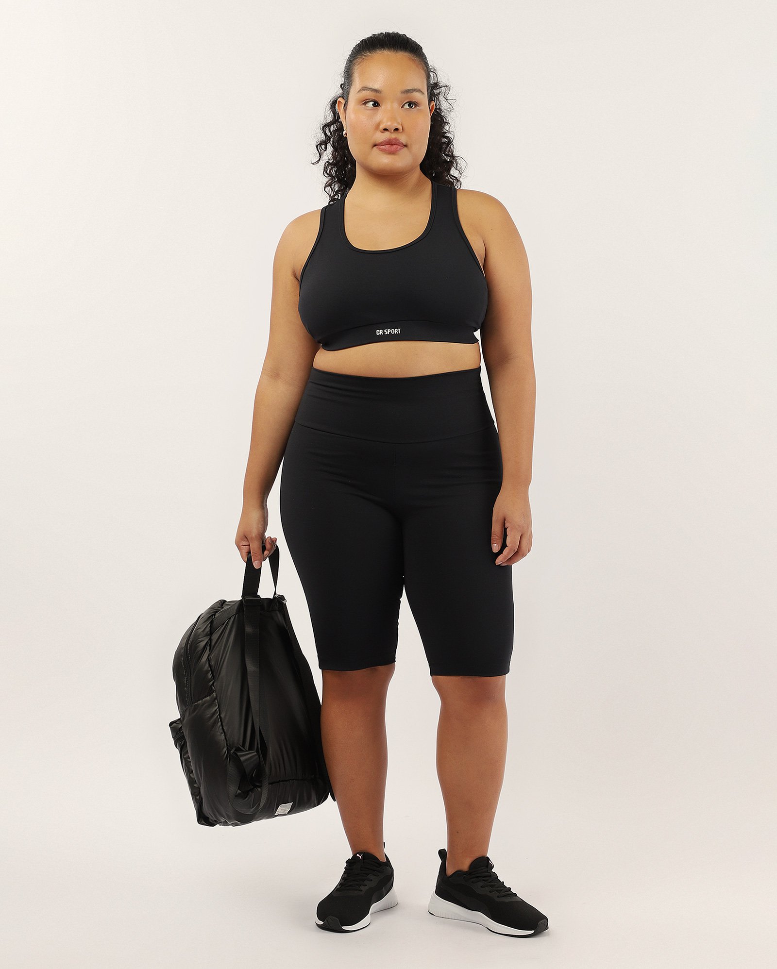 Bermuda esportiva feminina plus size com cós alto - Preto | Costa Rica