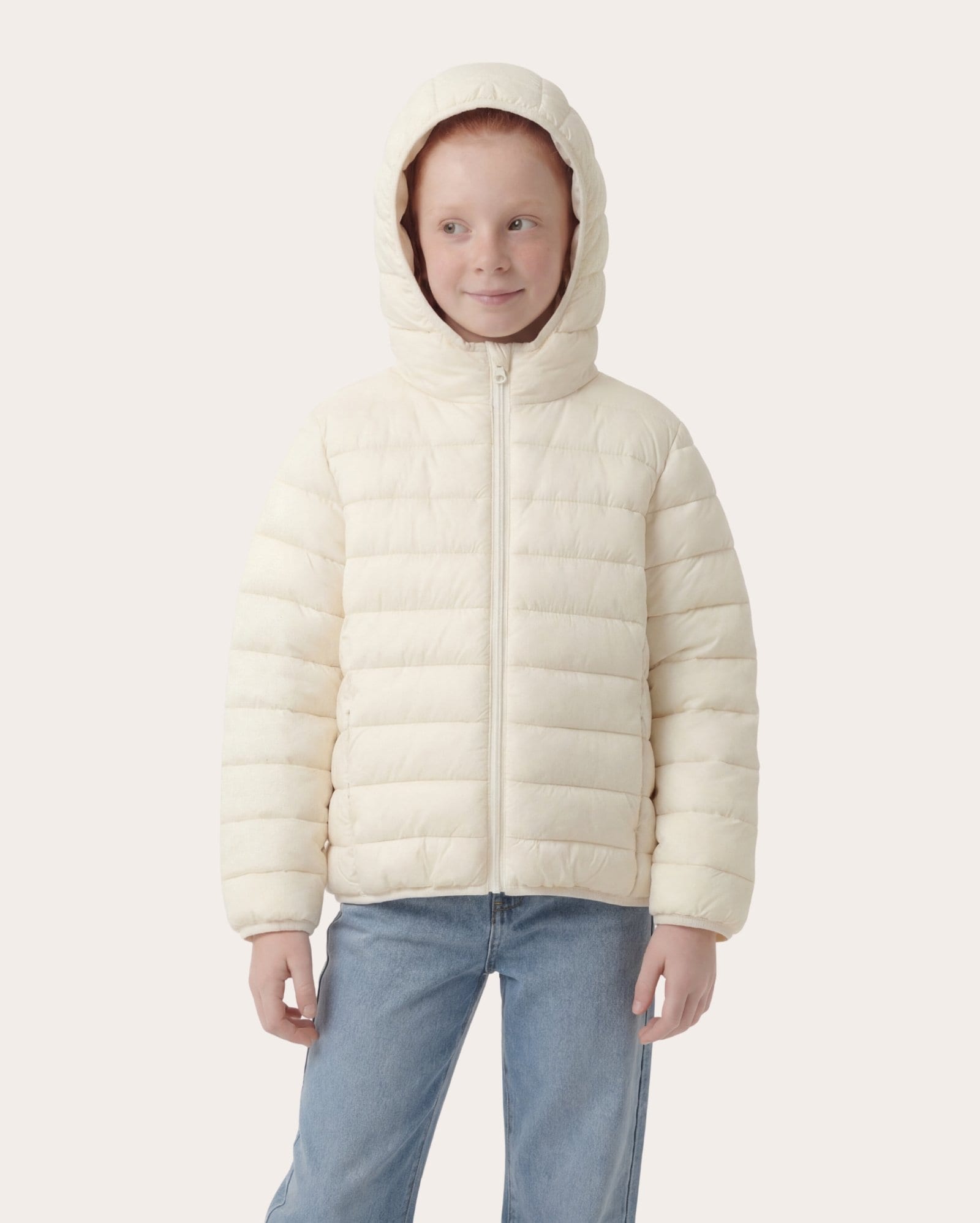 Jaqueta puffer infantil holográfica com capuz 4-10A - Bege Claro