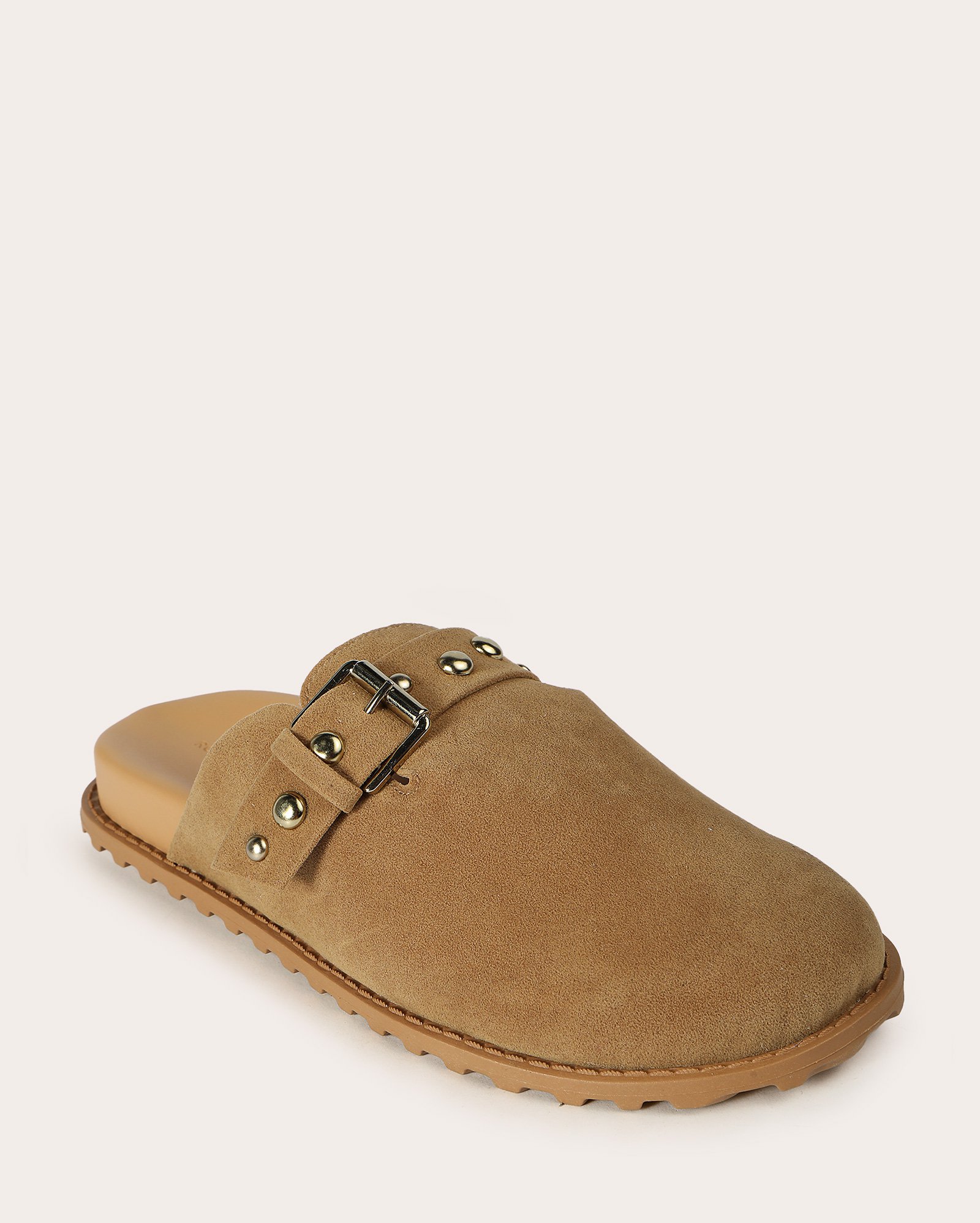 Sapato mule feminino de camurça com fivela - Bege