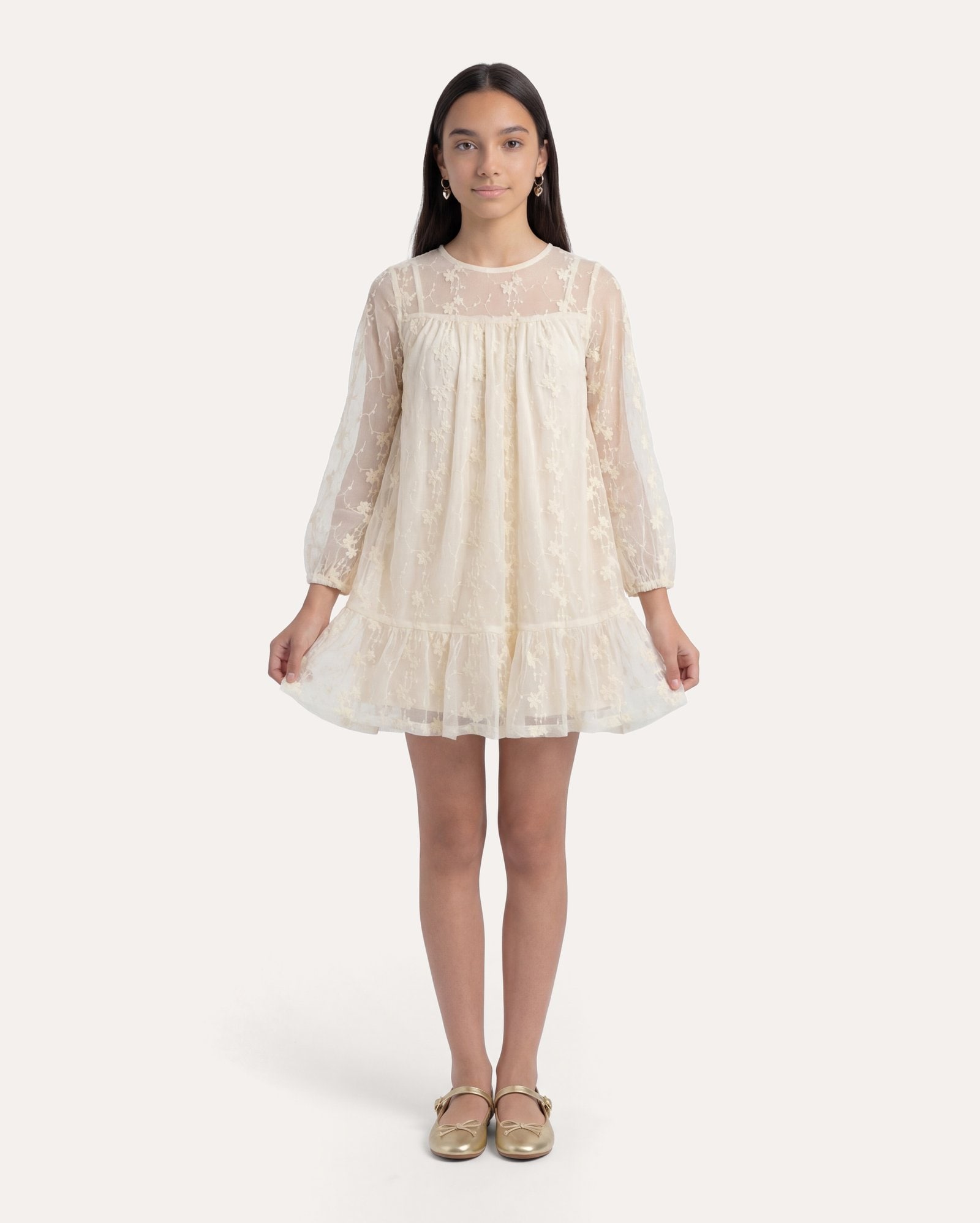 Vestido infantil em tule floral 6-14A - bege