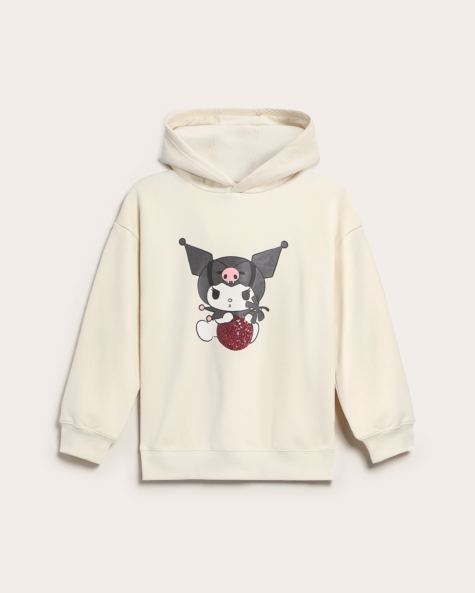 Blusa de moletom infantil com capuz Kuromi 6-14A - bege