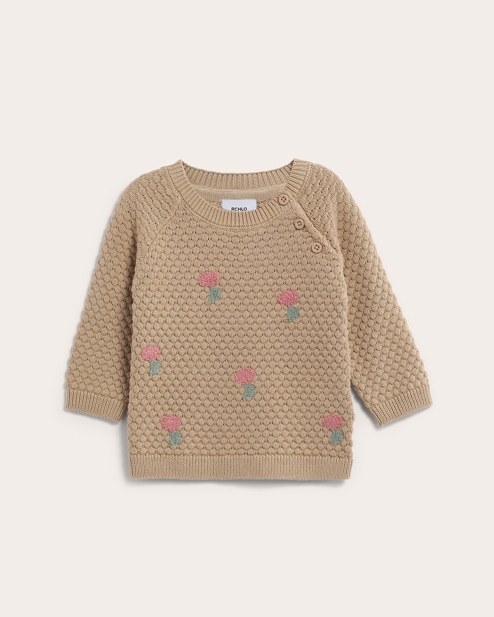 Suéter bebê tricot texturizado com cerejas - Bege Escuro