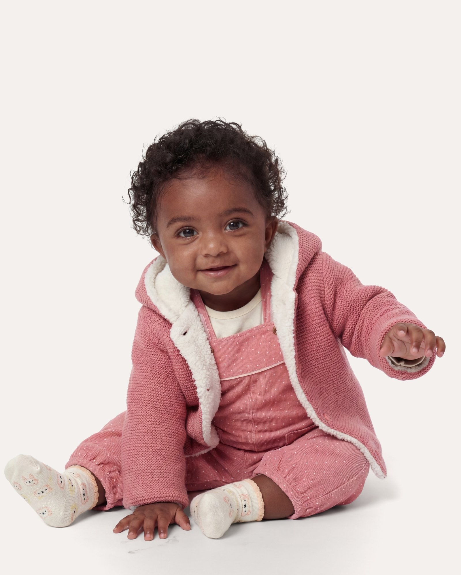 Jaqueta bebê tricot e fleece com gorro - rosa
