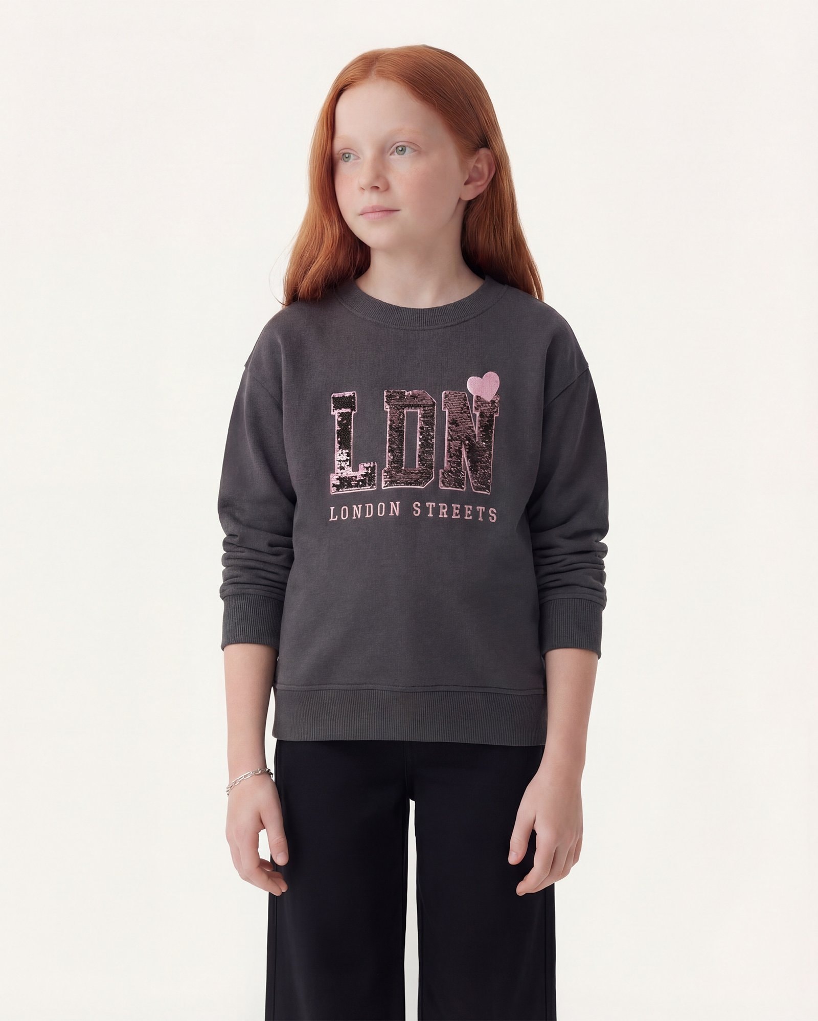 Blusa de moletom infantil com felpa e paetês 6-14A - Cinza Escuro