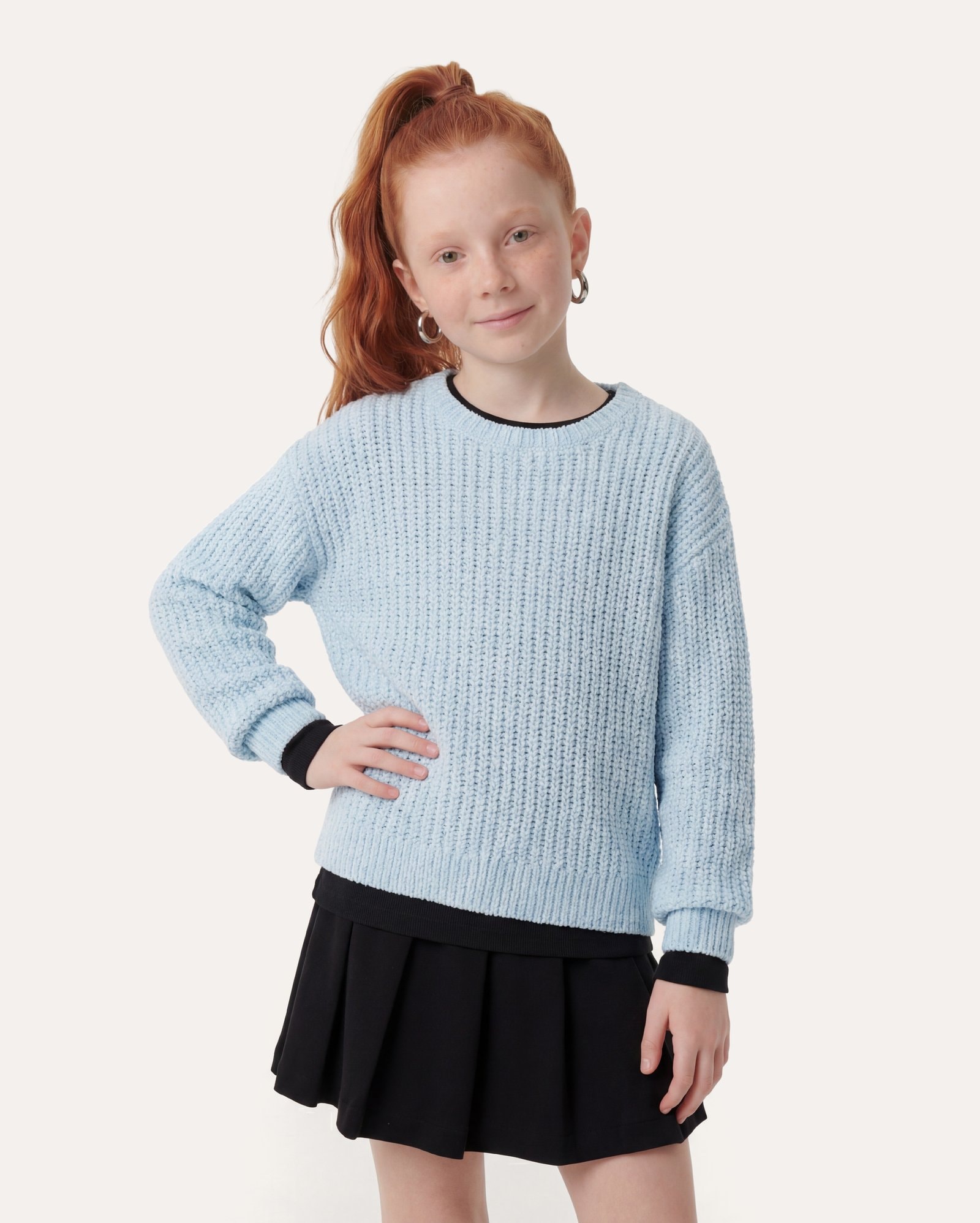 Suéter infantil tricot com fios metalizados 6-14A - Azul Claro