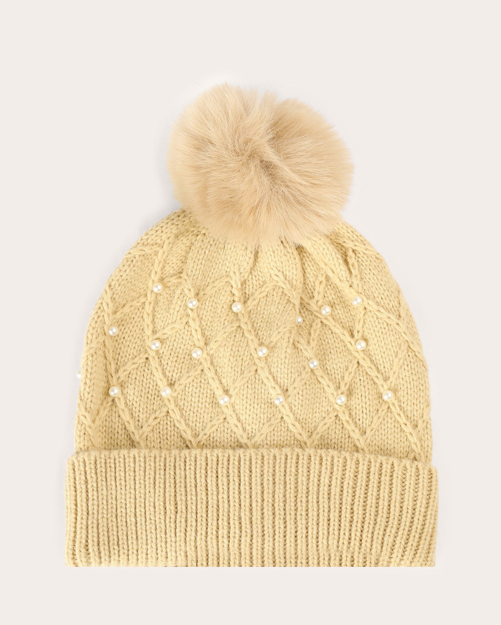 Gorro infantil de tricot com pompom e pérolas - amarelo