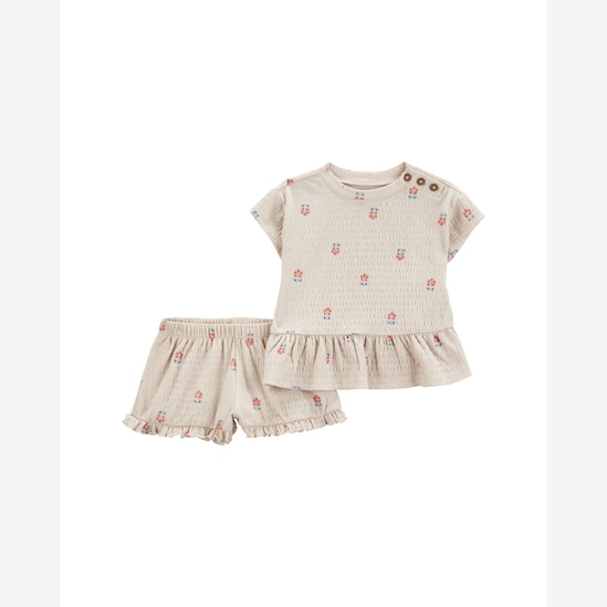 Conjunto curto bebê texturizado flores delicadas bege | Carter's