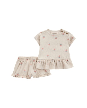 Conjunto curto bebê texturizado flores delicadas bege | Carter's