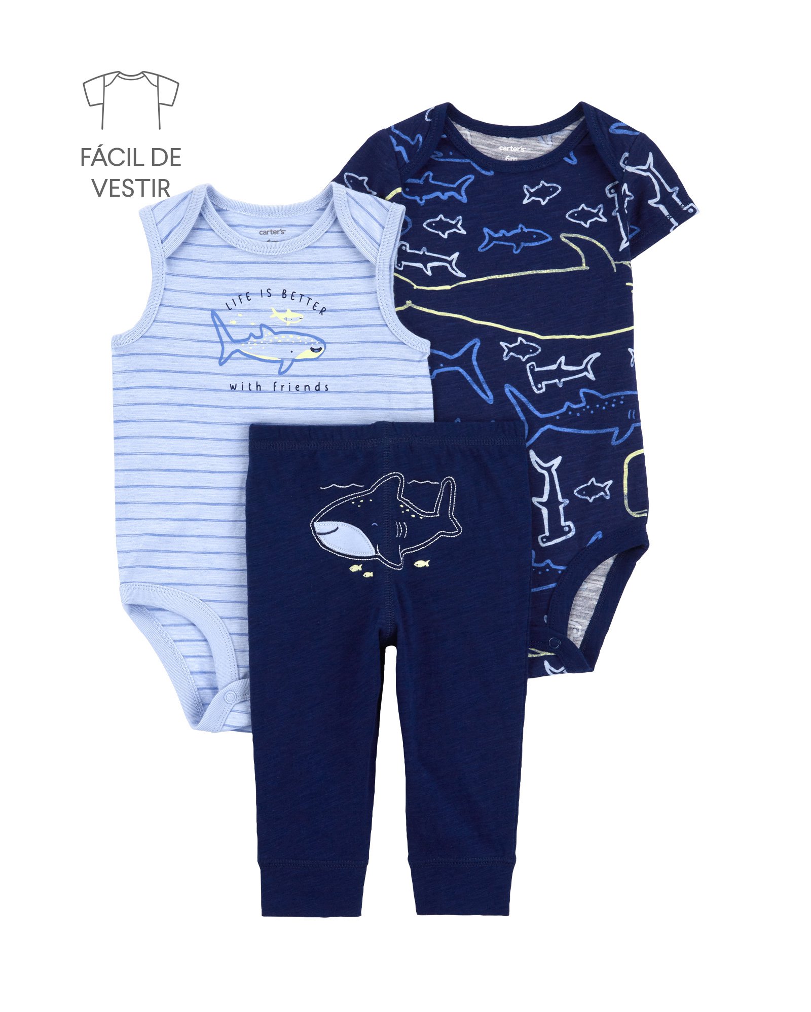Conjunto longo bebê 3 peças tubarãozinho azul | Carter's